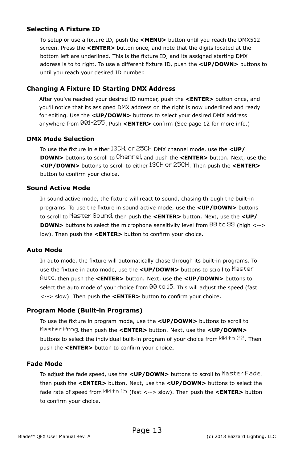 13ch, or 25ch, Channel, 13ch or 25ch | Master sound, 00 to 99, Master auto, 00 to 15, Master prog, 00 to 22, Master fade | Blizzard Lighting Blade QFX(Rev A) User Manual | Page 13 / 20