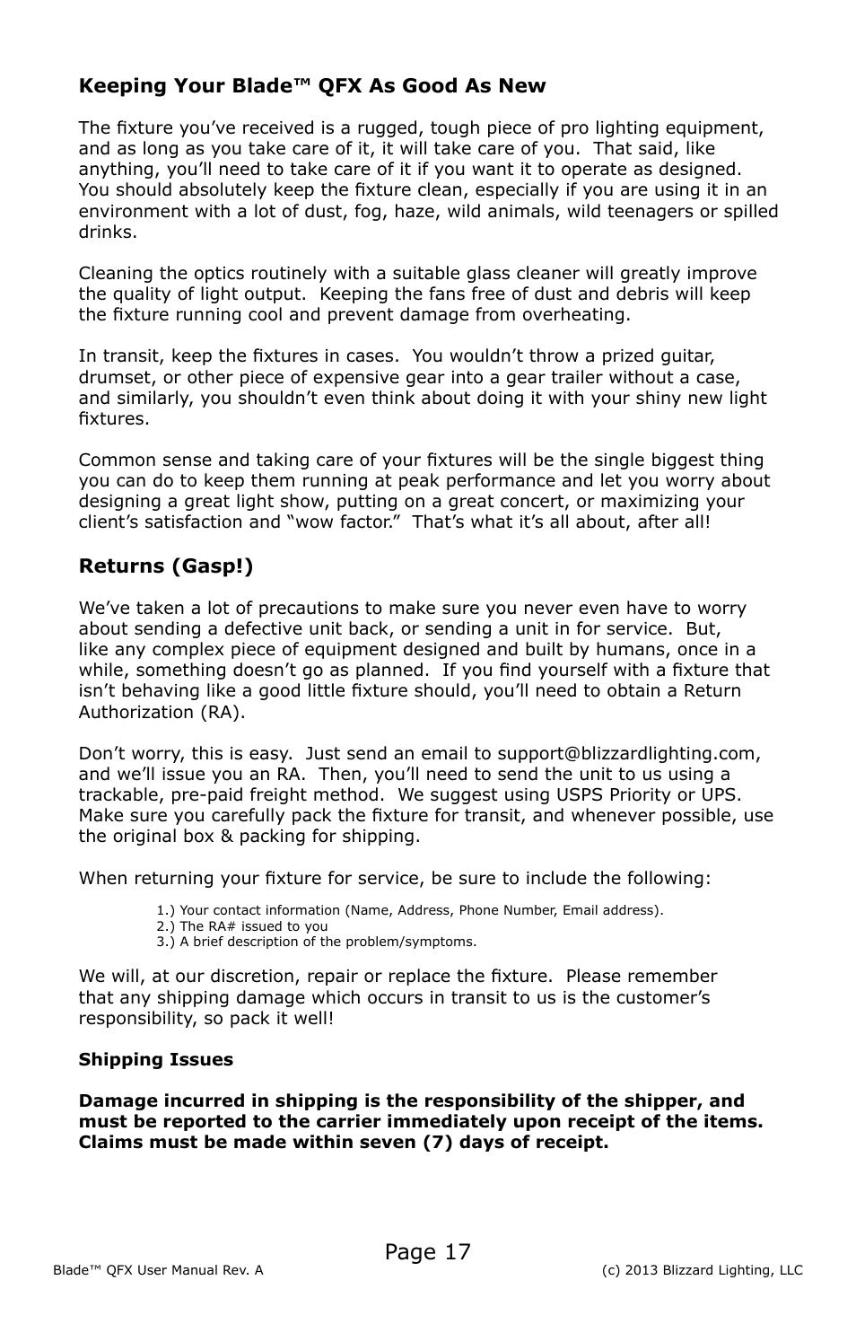 Page 17 | Blizzard Lighting Blade QFX(Rev A) User Manual | Page 17 / 20