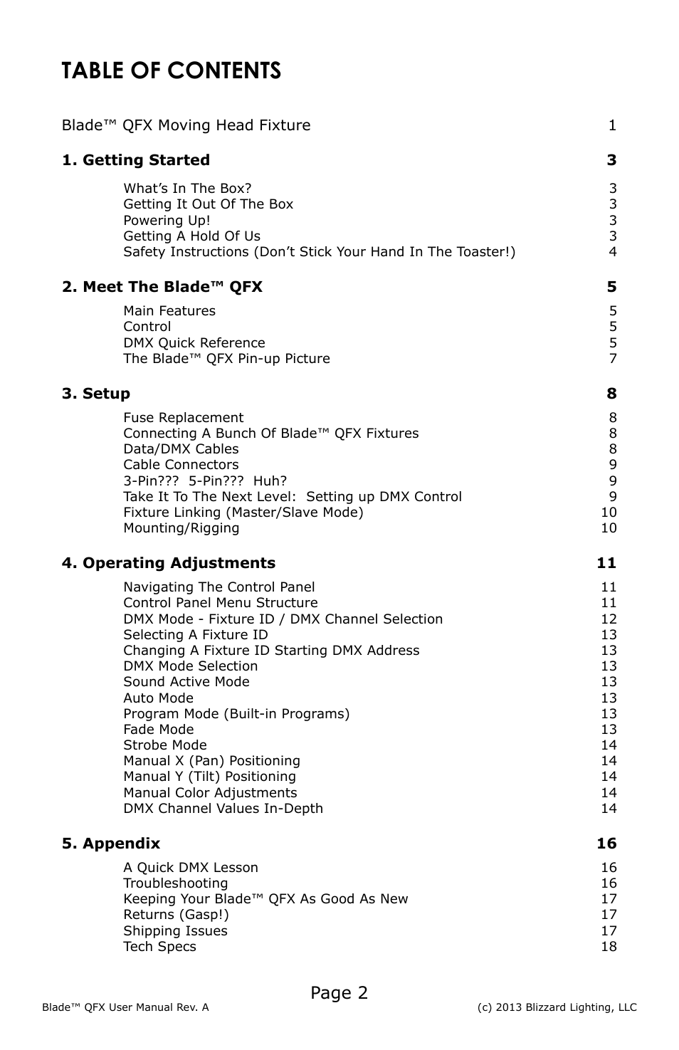 Blizzard Lighting Blade QFX(Rev A) User Manual | Page 2 / 20