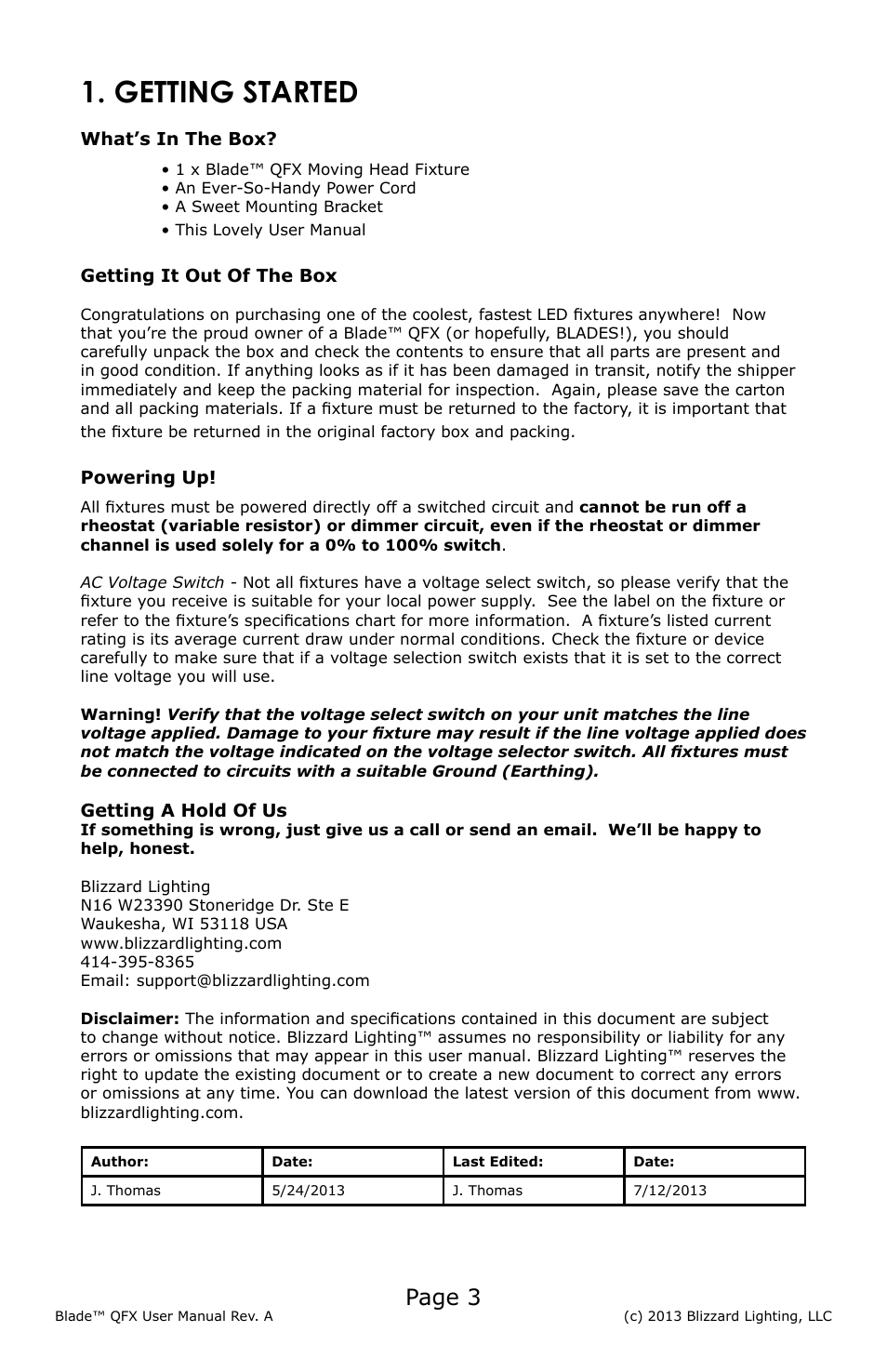 Getting started, Page 3 | Blizzard Lighting Blade QFX(Rev A) User Manual | Page 3 / 20