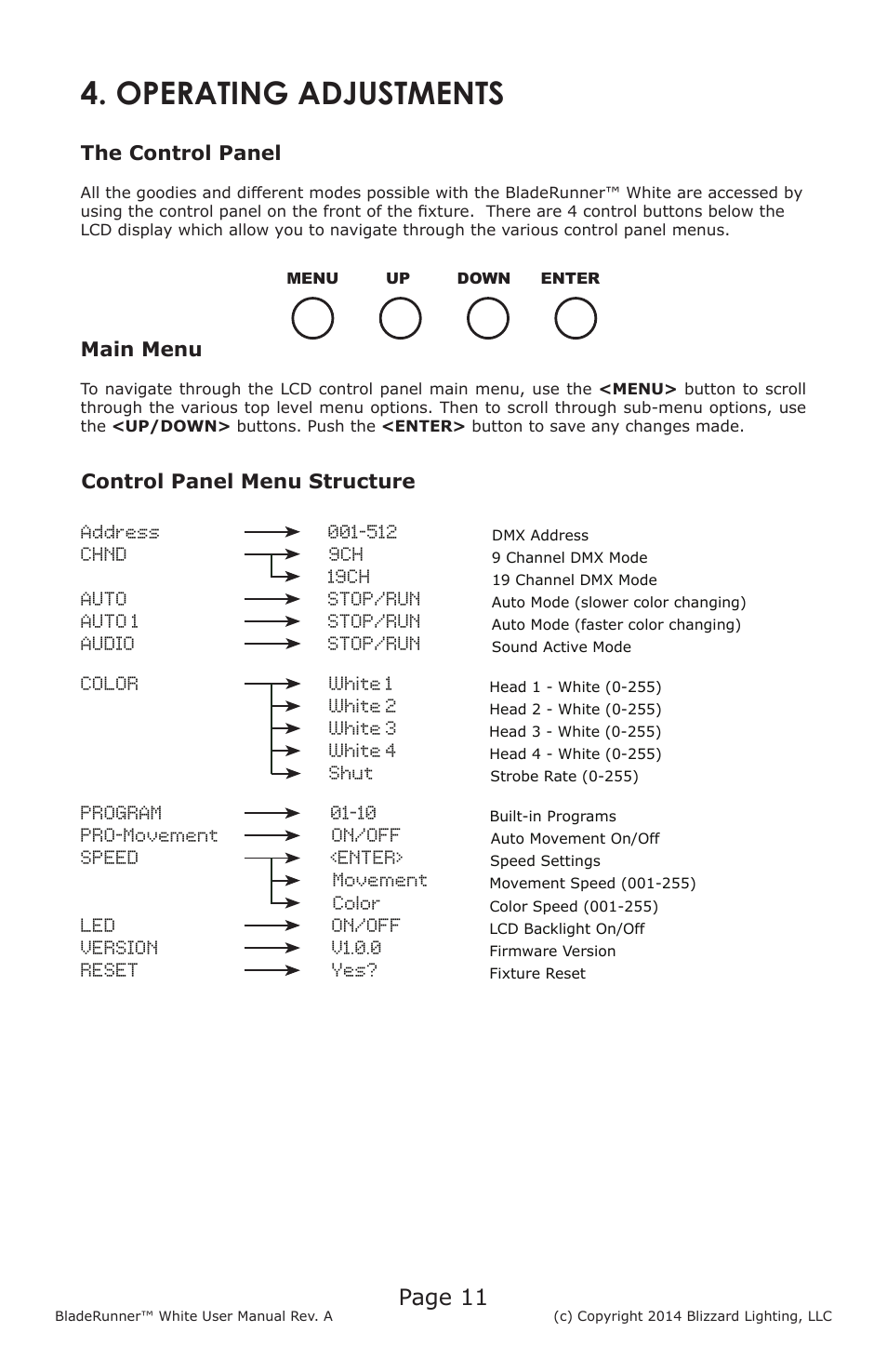 Operating adjustments, Chnd 9ch, 19ch | Auto stop/run, Auto 1 stop/run, Audio stop/run, Color white 1, White 2, White 3, White 4 | Blizzard Lighting BladeRunner White(Rev A) User Manual | Page 11 / 20