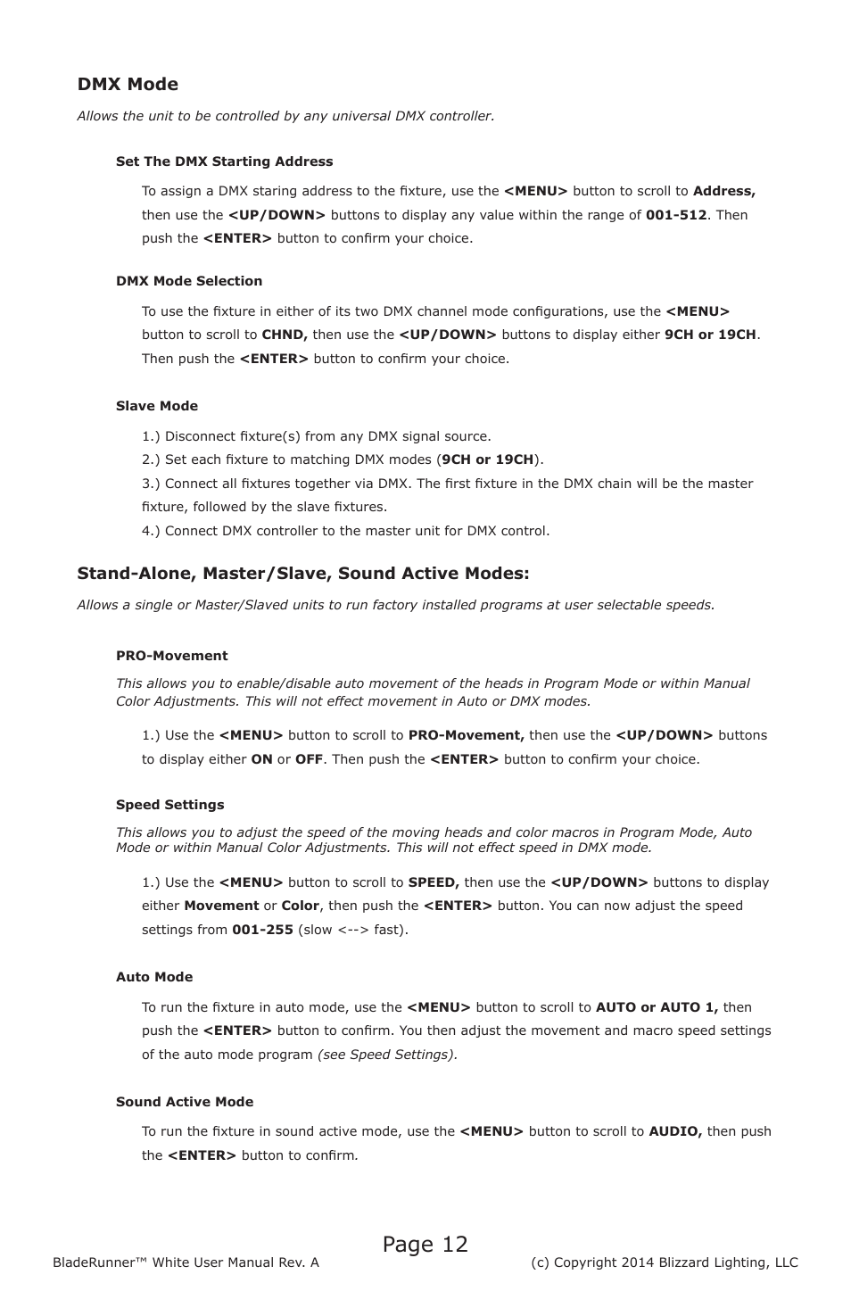 Page 12, Dmx mode | Blizzard Lighting BladeRunner White(Rev A) User Manual | Page 12 / 20