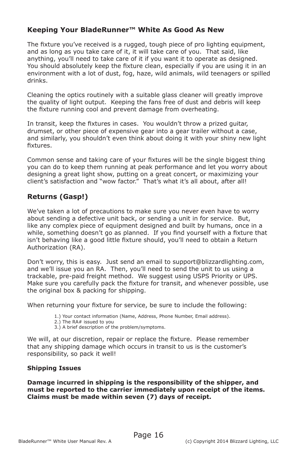 Page 16 | Blizzard Lighting BladeRunner White(Rev A) User Manual | Page 16 / 20