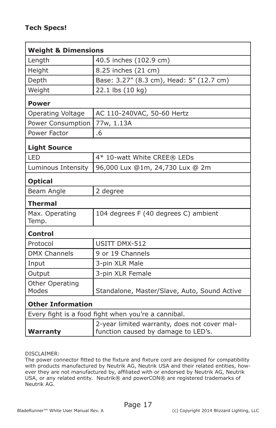 Page 17 | Blizzard Lighting BladeRunner White(Rev A) User Manual | Page 17 / 20