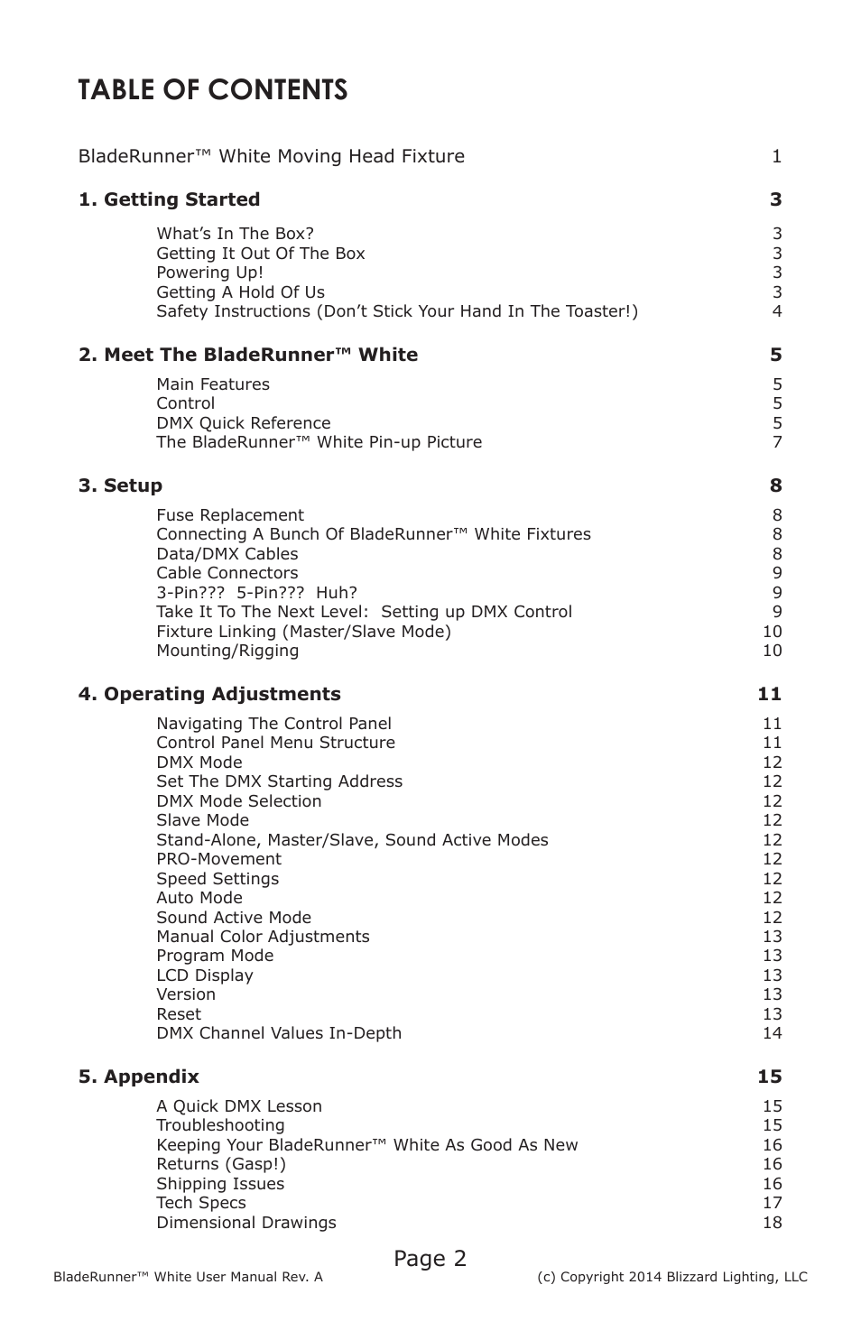 Blizzard Lighting BladeRunner White(Rev A) User Manual | Page 2 / 20
