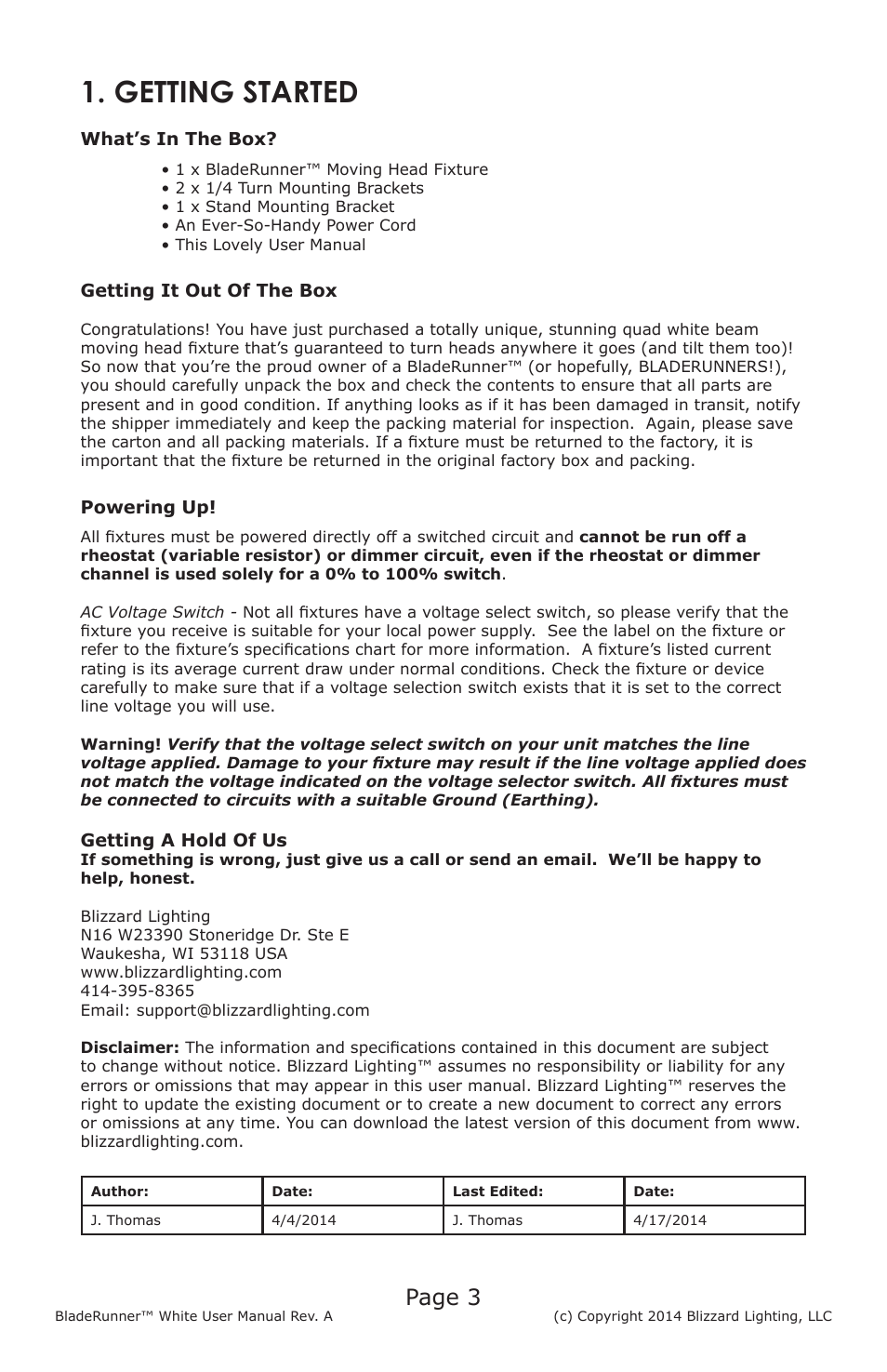 Getting started, Page 3 | Blizzard Lighting BladeRunner White(Rev A) User Manual | Page 3 / 20