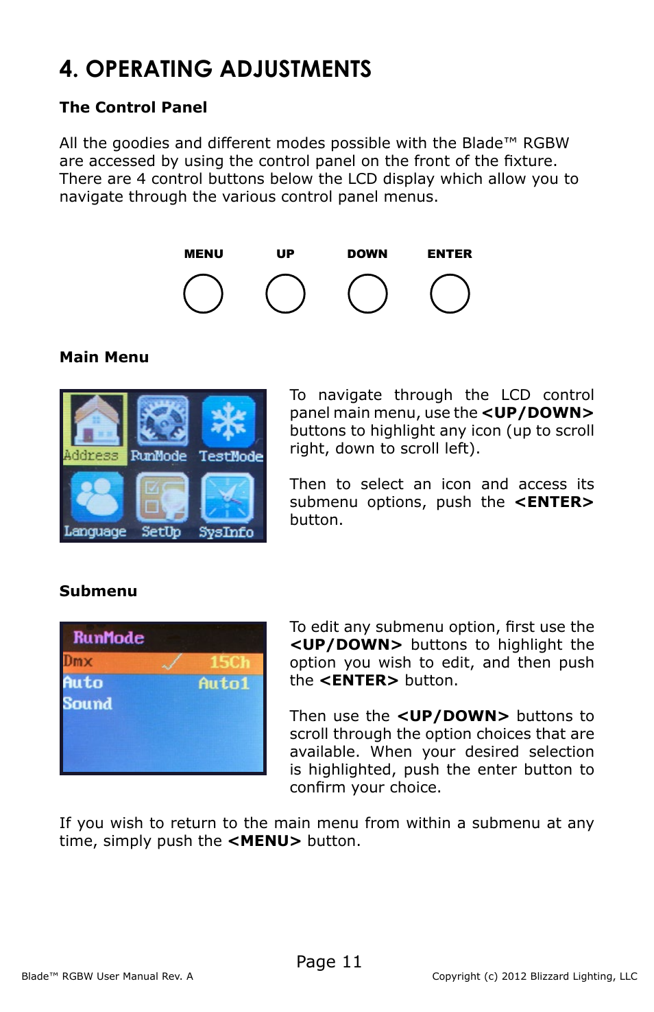 Operating adjustments, Page 11 | Blizzard Lighting Blade RGBW (Rev A) User Manual | Page 11 / 24