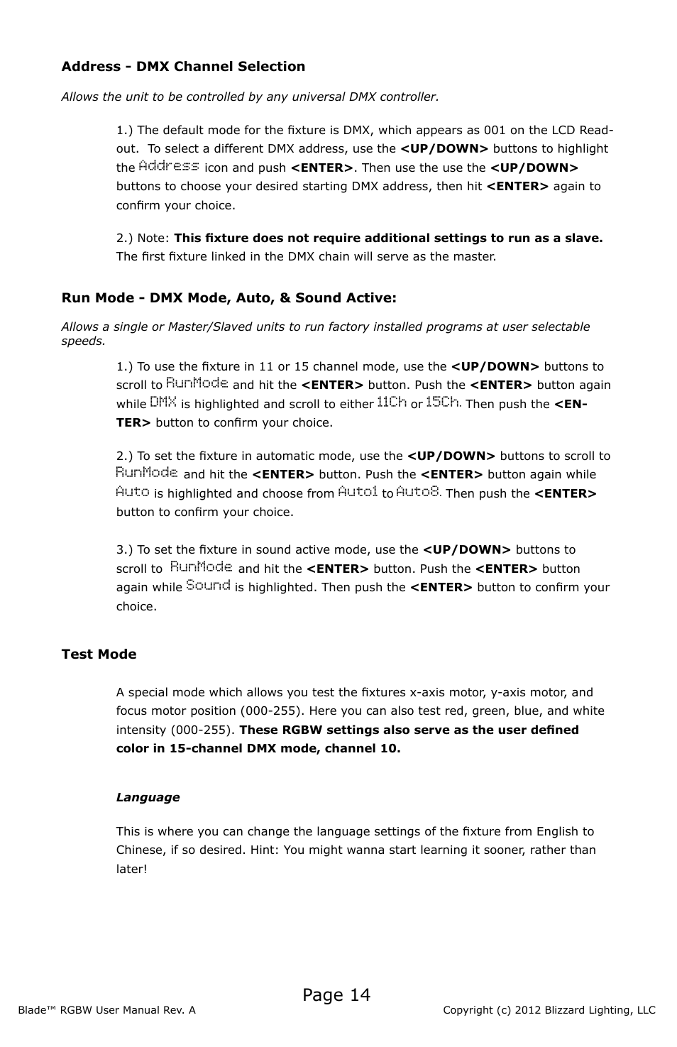 Address, Runmode, 11ch | 15ch, Auto, Auto1, Auto8, Sound | Blizzard Lighting Blade RGBW (Rev A) User Manual | Page 14 / 24