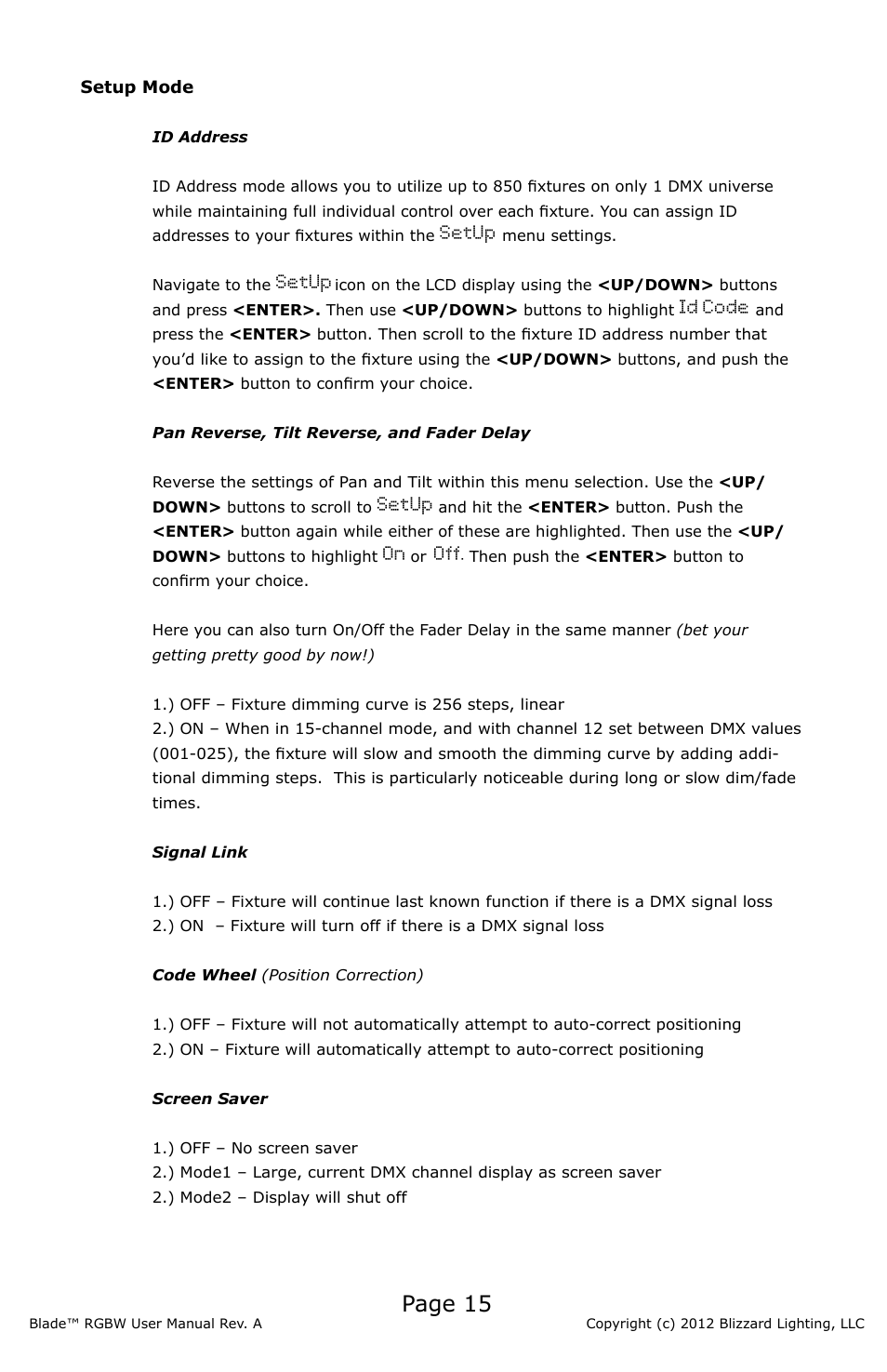 Setup, Id code, Page 15 | Blizzard Lighting Blade RGBW (Rev A) User Manual | Page 15 / 24