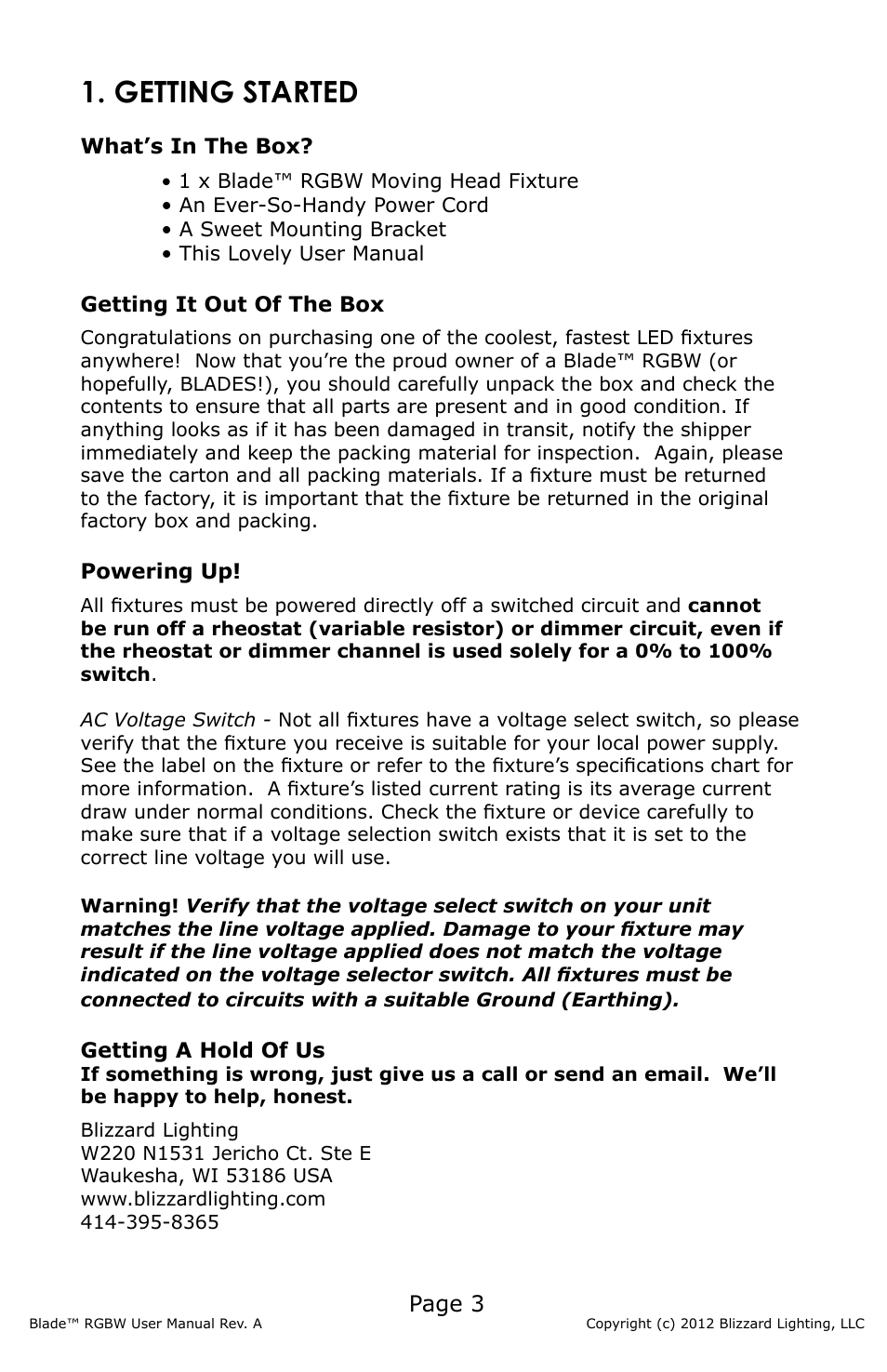 Getting started, Page 3 | Blizzard Lighting Blade RGBW (Rev A) User Manual | Page 3 / 24