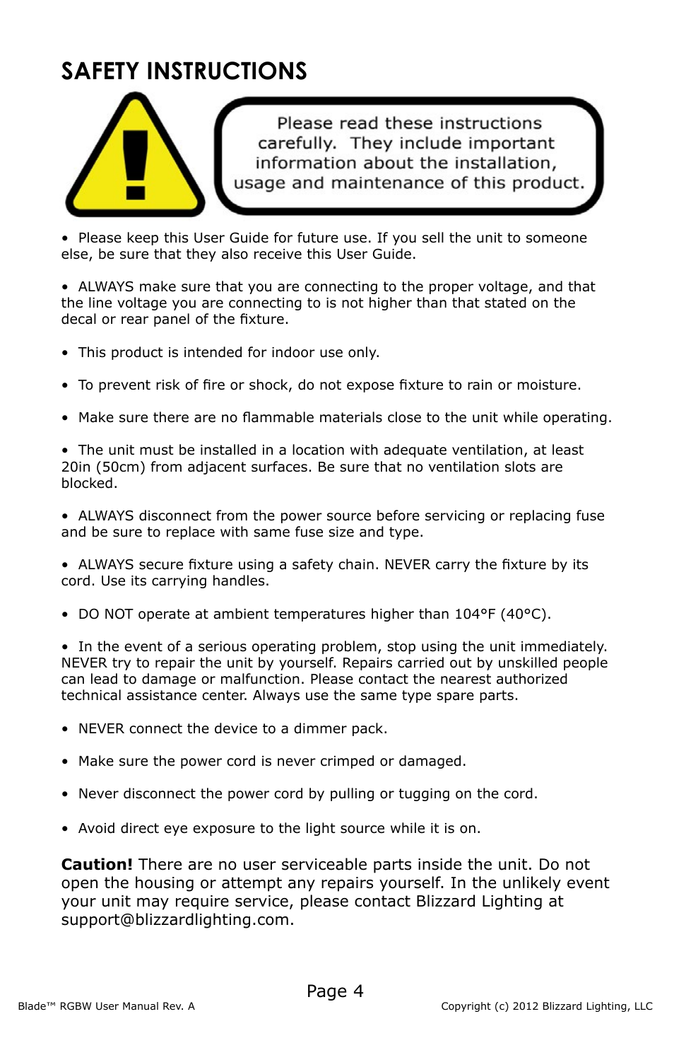 Safety instructions, Page 4 | Blizzard Lighting Blade RGBW (Rev A) User Manual | Page 4 / 24