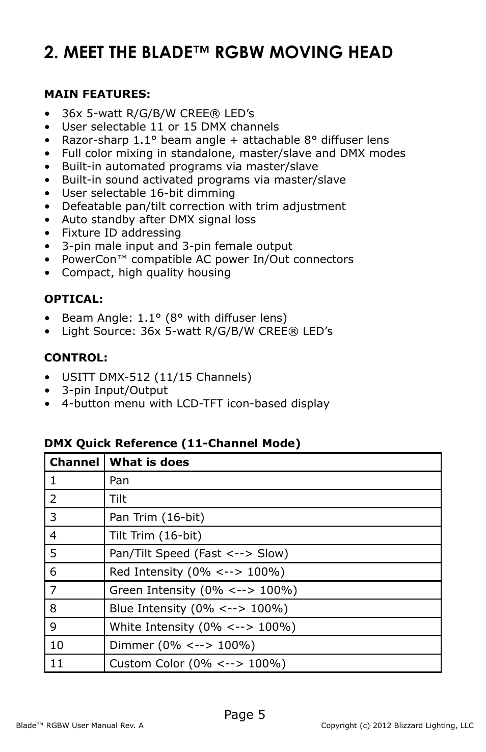 Meet the blade™ rgbw moving head, Page 5 | Blizzard Lighting Blade RGBW (Rev A) User Manual | Page 5 / 24