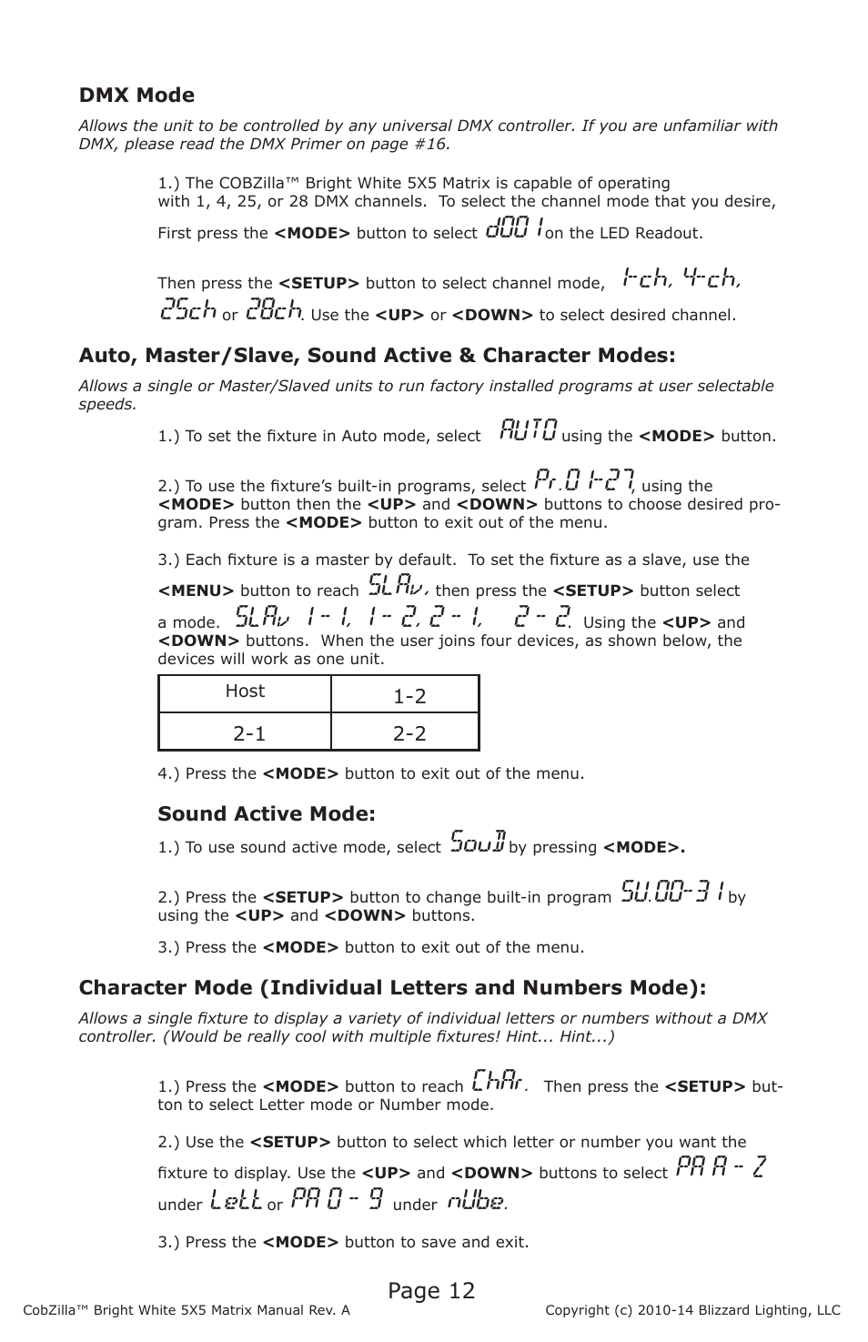 D001, Ch, 4-ch, 25ch, 28ch | Auto, Pr.01-27, Slav, Soud, Su.00-31, Char, Pa a - z | Blizzard Lighting COBZilla Bright White 5X5 Matrix User Manual | Page 12 / 20