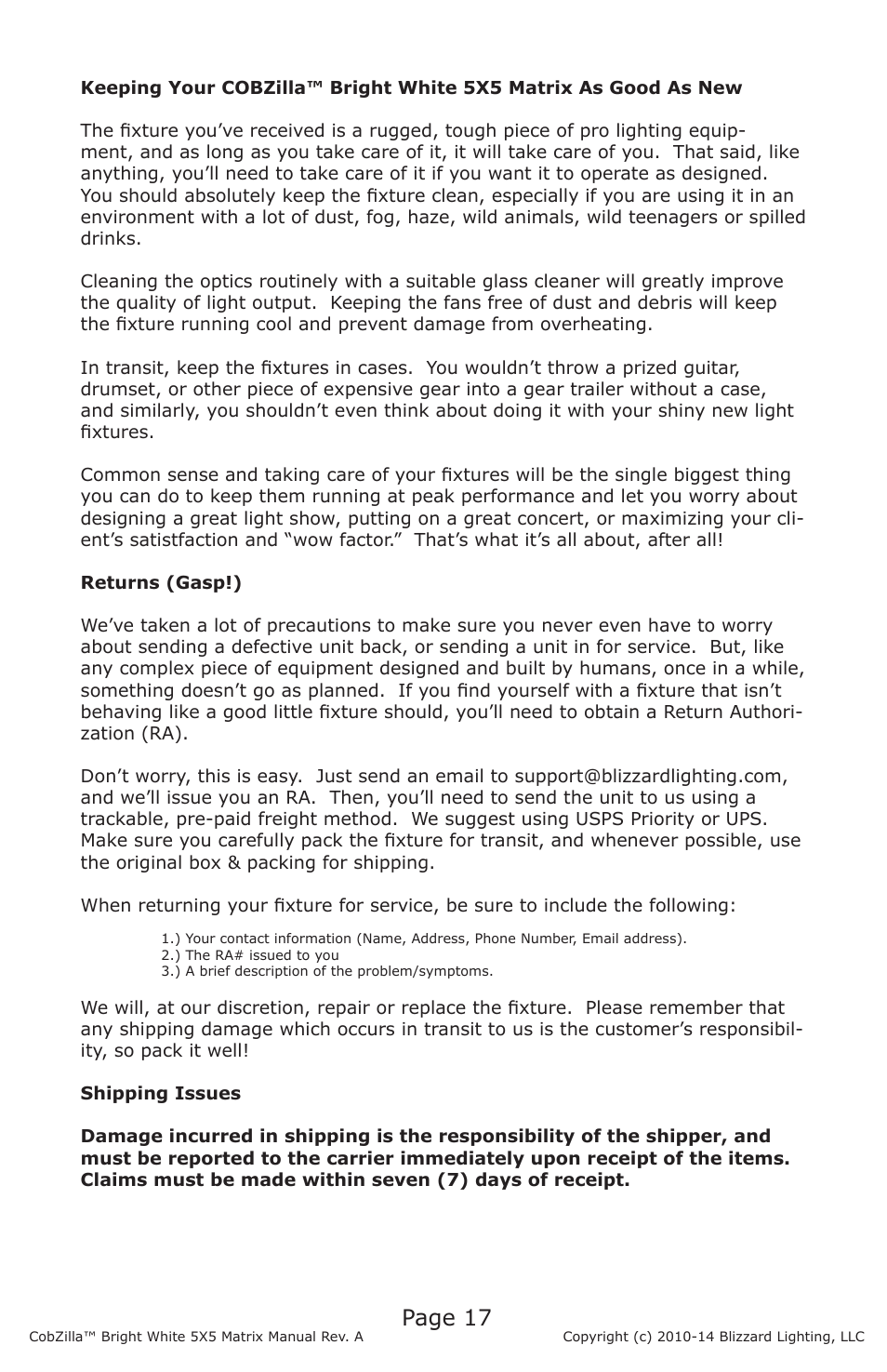 Page 17 | Blizzard Lighting COBZilla Bright White 5X5 Matrix User Manual | Page 17 / 20