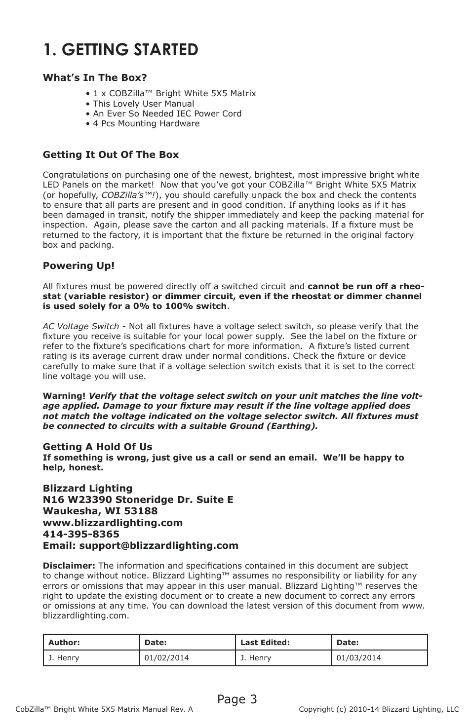 Getting started, Page 3 | Blizzard Lighting COBZilla Bright White 5X5 Matrix User Manual | Page 3 / 20