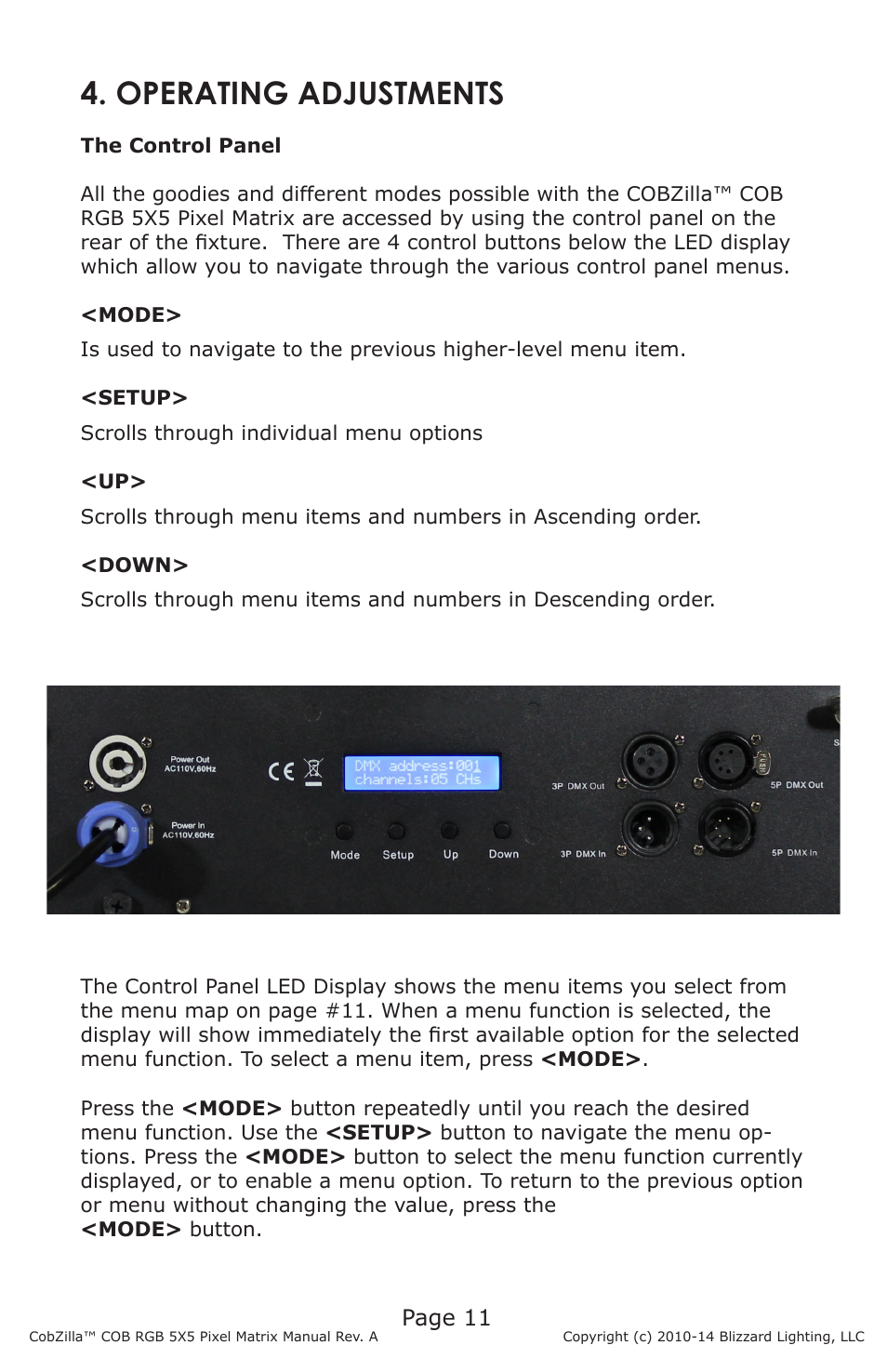 Operating adjustments | Blizzard Lighting COBZilla COB RGB 5X5 Pixel Matrix User Manual | Page 11 / 20