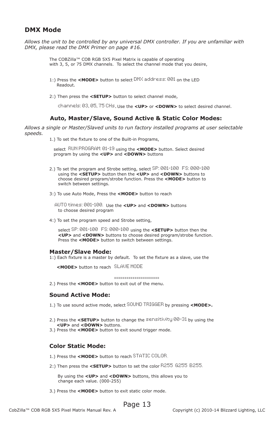 Dmx address: 001, Run program: 01-19, Slave mode | Sound trigger, Sensitivity 00-31, Static color, Page 13 | Blizzard Lighting COBZilla COB RGB 5X5 Pixel Matrix User Manual | Page 13 / 20
