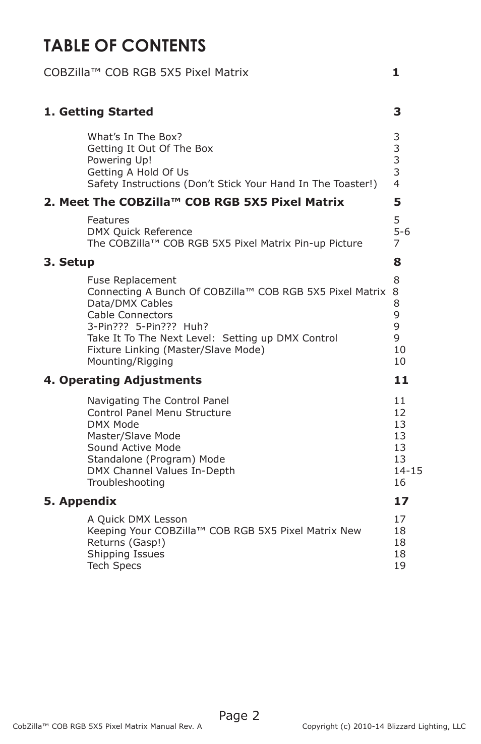 Blizzard Lighting COBZilla COB RGB 5X5 Pixel Matrix User Manual | Page 2 / 20