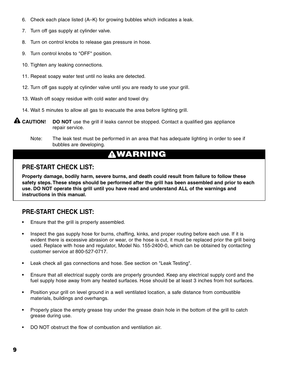 Warning, Pre-start check list | Brinkmann 7231 Series User Manual | Page 10 / 64