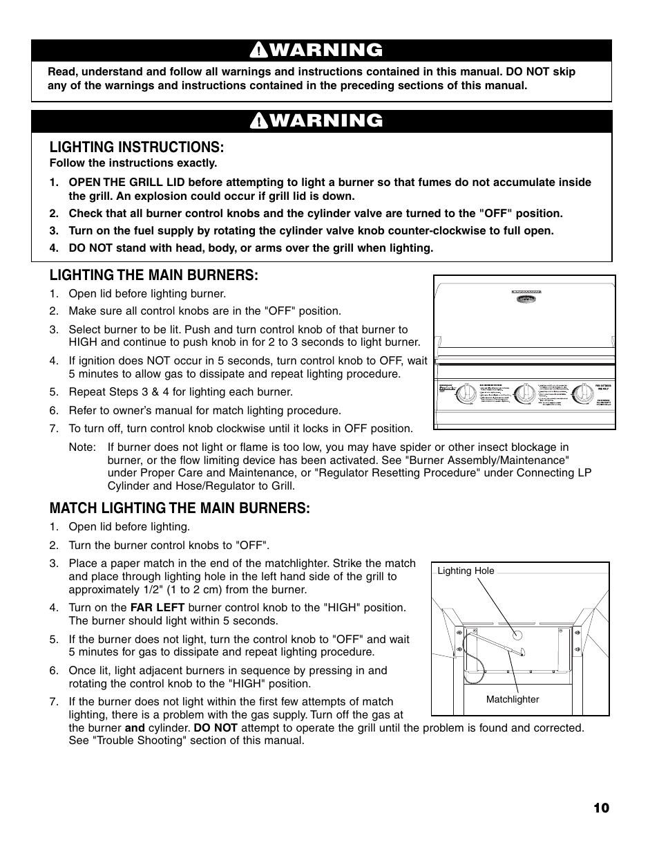 Warning, Lighting instructions, Lighting the main burners | Match lighting the main burners | Brinkmann 7231 Series User Manual | Page 11 / 64