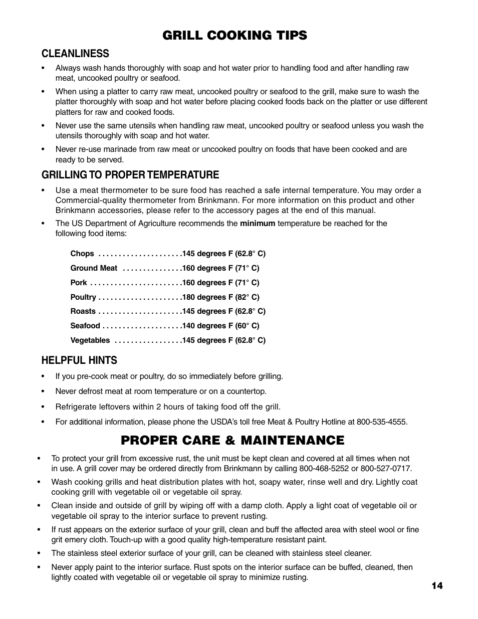 Grill cooking tips, Proper care & maintenance, Cleanliness | Grilling to proper temperature, Helpful hints | Brinkmann 7231 Series User Manual | Page 15 / 64