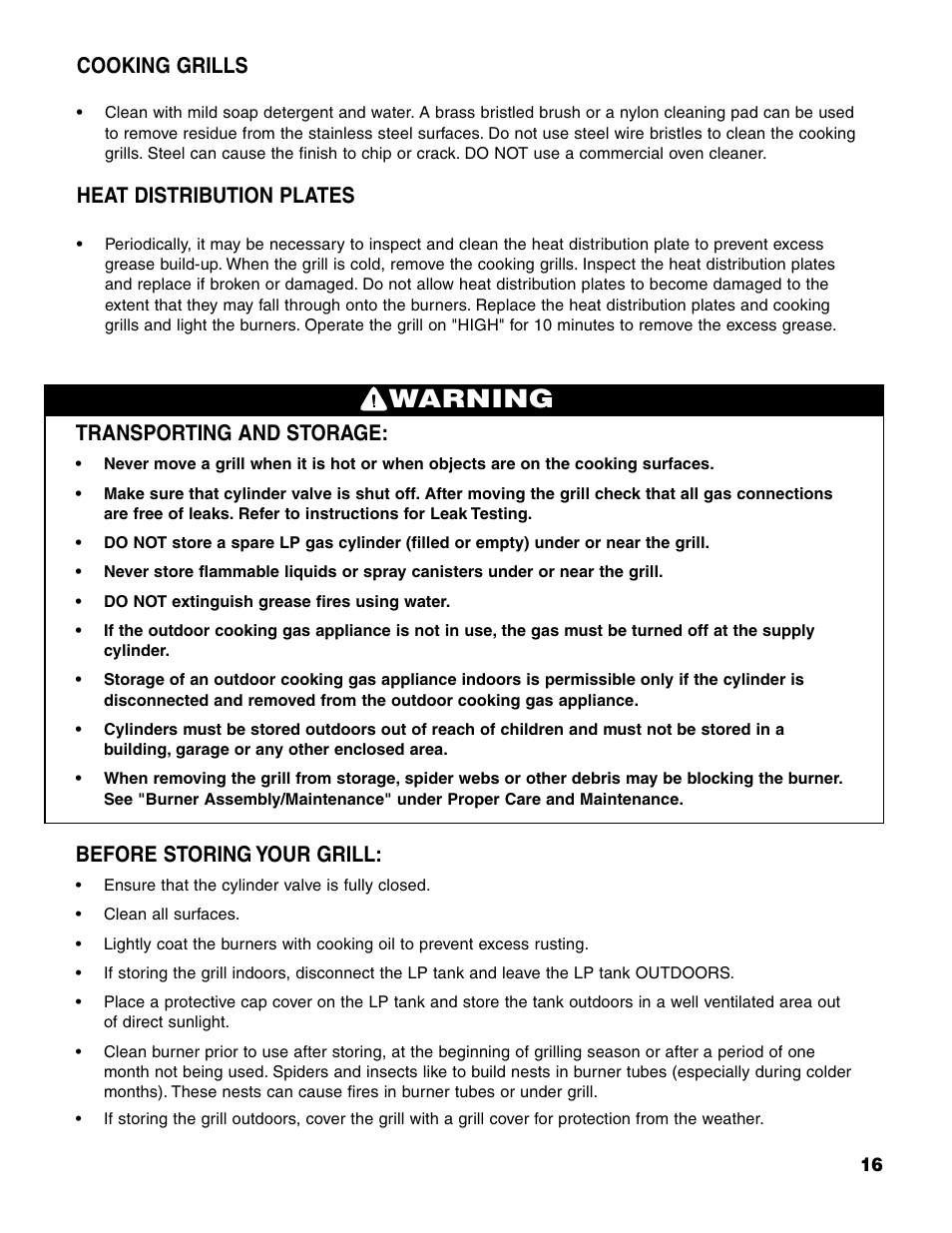 Warning, Transporting and storage, Before storing your grill | Cooking grills, Heat distribution plates | Brinkmann 7231 Series User Manual | Page 17 / 64