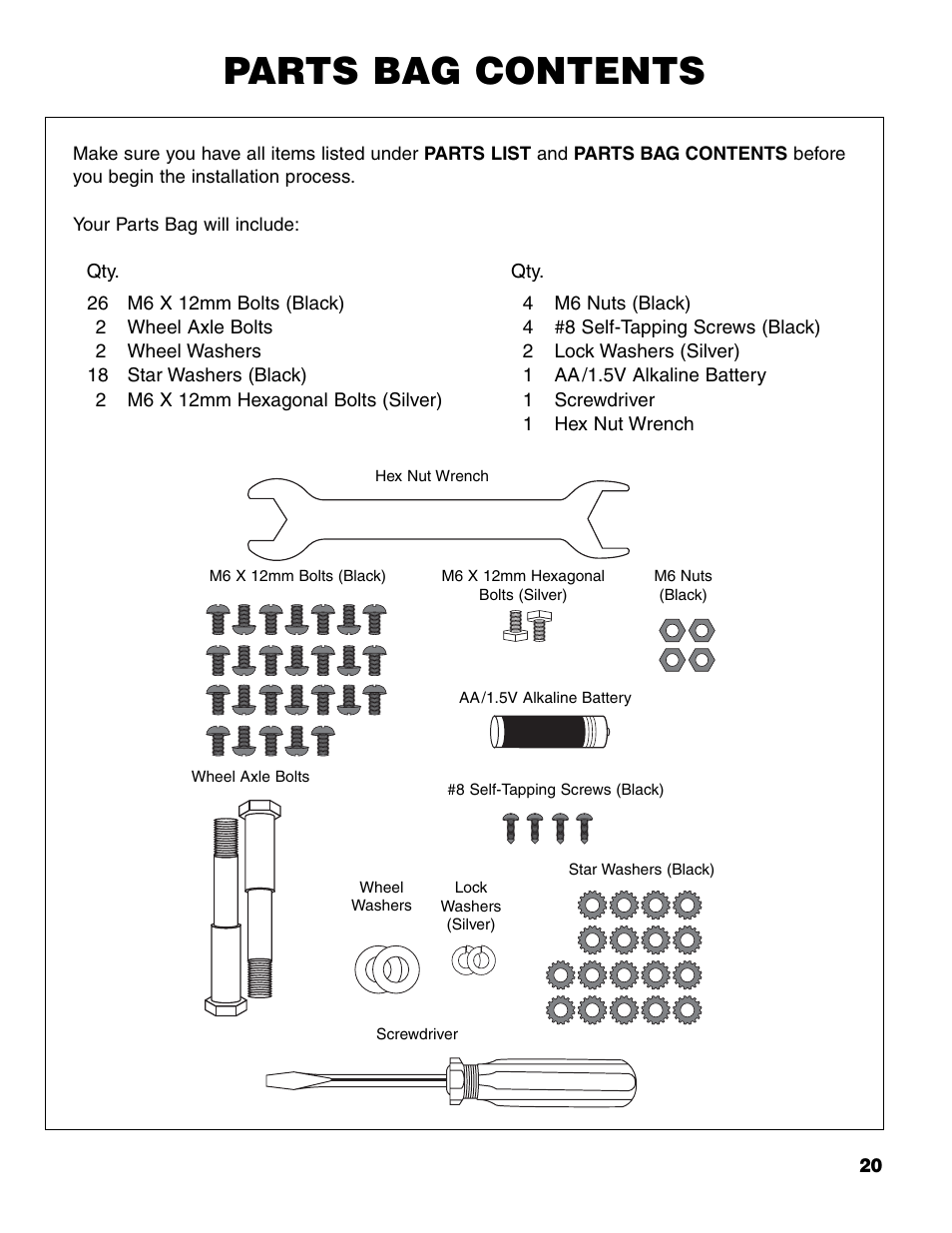 Parts bag contents | Brinkmann 7231 Series User Manual | Page 21 / 64