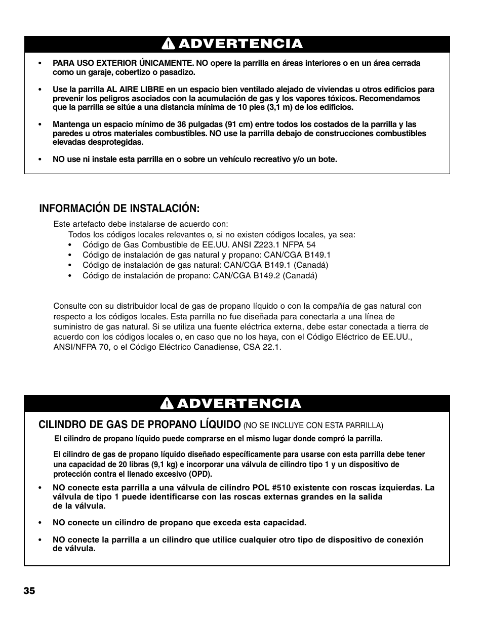 Advertencia, Cilindro de gas de propano líquido, Información de instalación | Brinkmann 7231 Series User Manual | Page 36 / 64