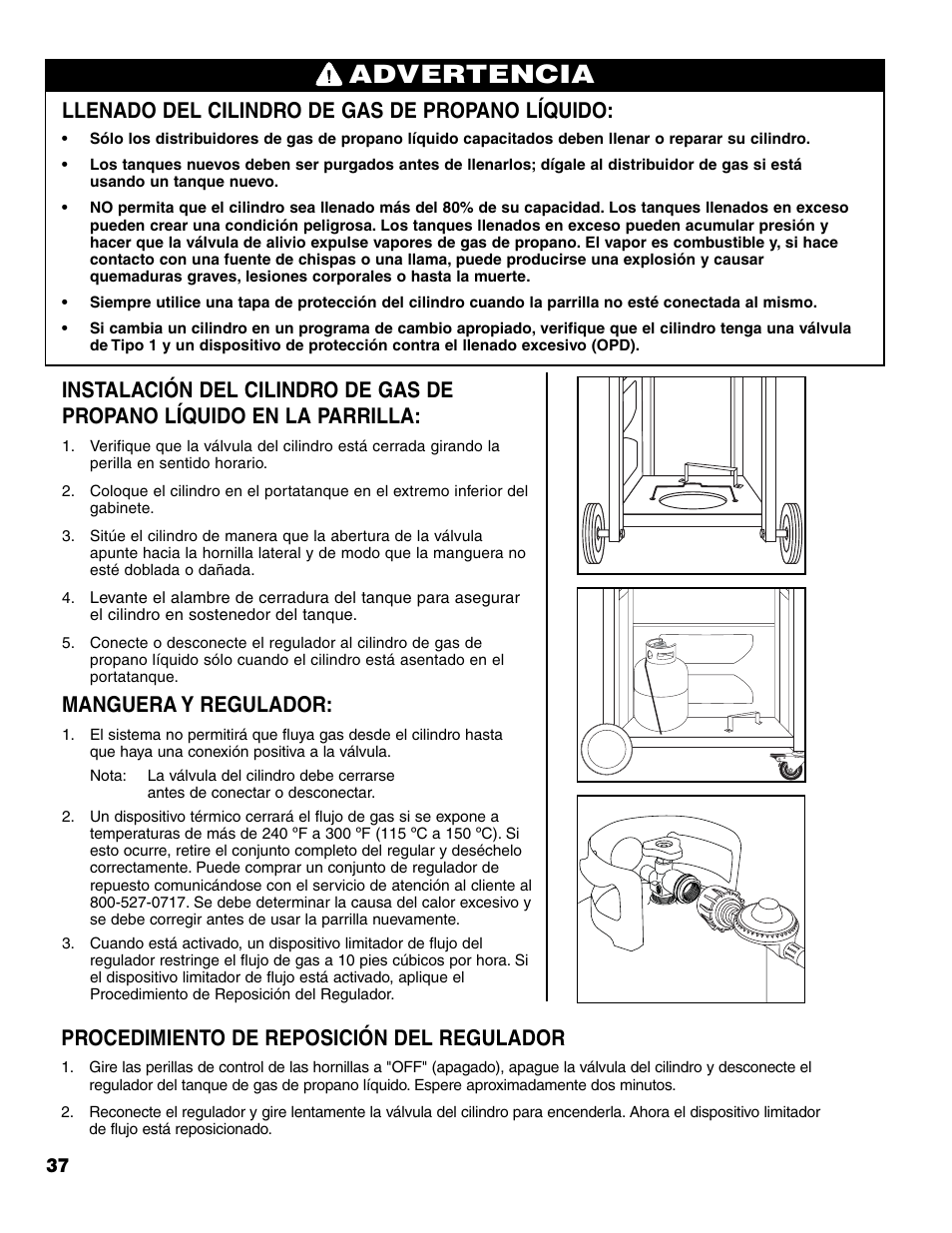 Advertencia, Llenado del cilindro de gas de propano líquido, Manguera y regulador | Procedimiento de reposición del regulador | Brinkmann 7231 Series User Manual | Page 38 / 64