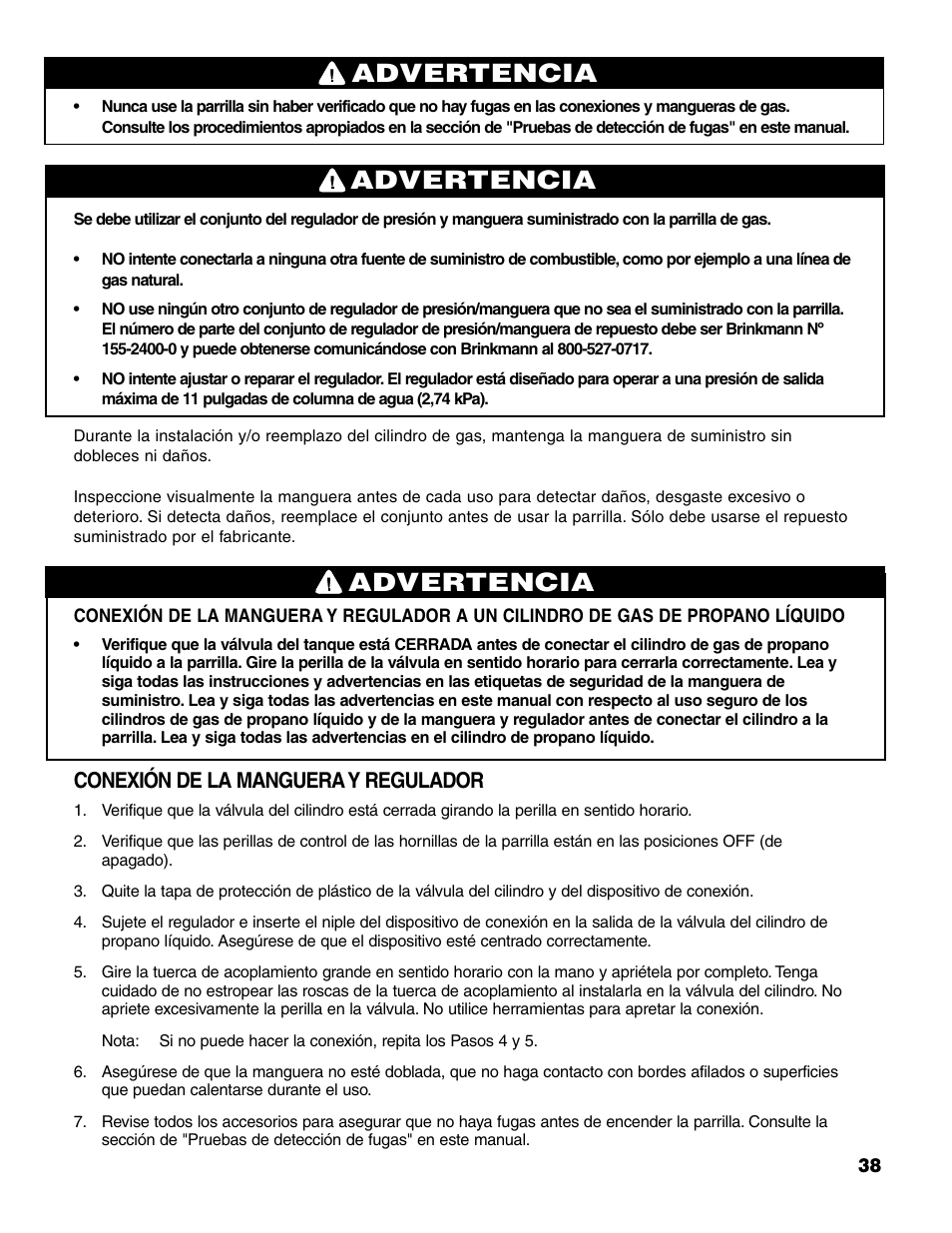 Advertencia, Conexión de la manguera y regulador | Brinkmann 7231 Series User Manual | Page 39 / 64