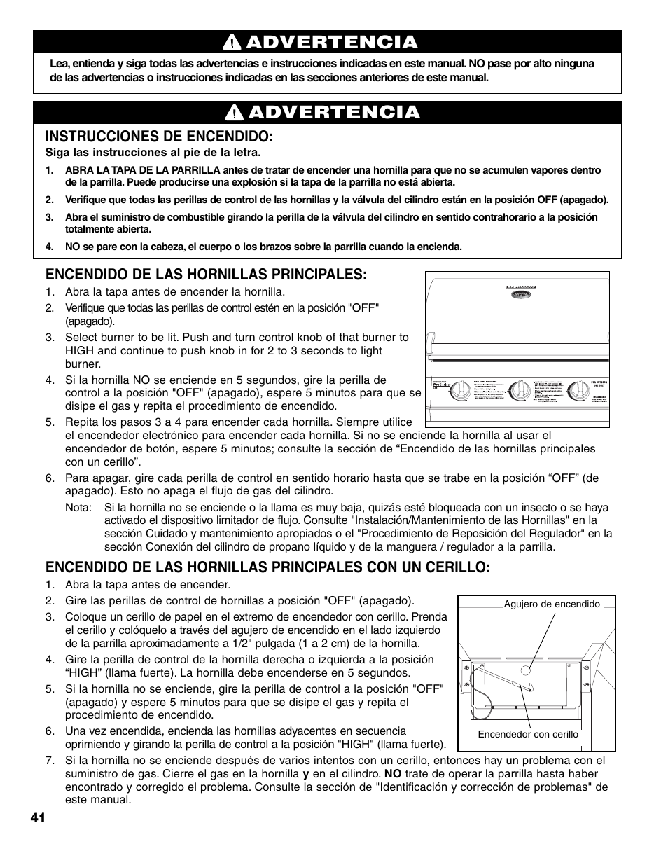 Advertencia, Instrucciones de encendido, Encendido de las hornillas principales | Brinkmann 7231 Series User Manual | Page 42 / 64