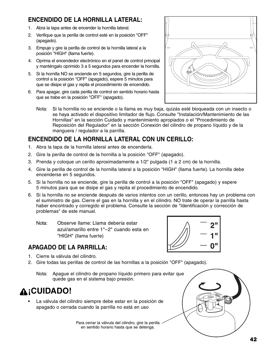 Cuidado, Encendido de la hornilla lateral, Encendido de la hornilla lateral con un cerillo | Apagado de la parrilla | Brinkmann 7231 Series User Manual | Page 43 / 64