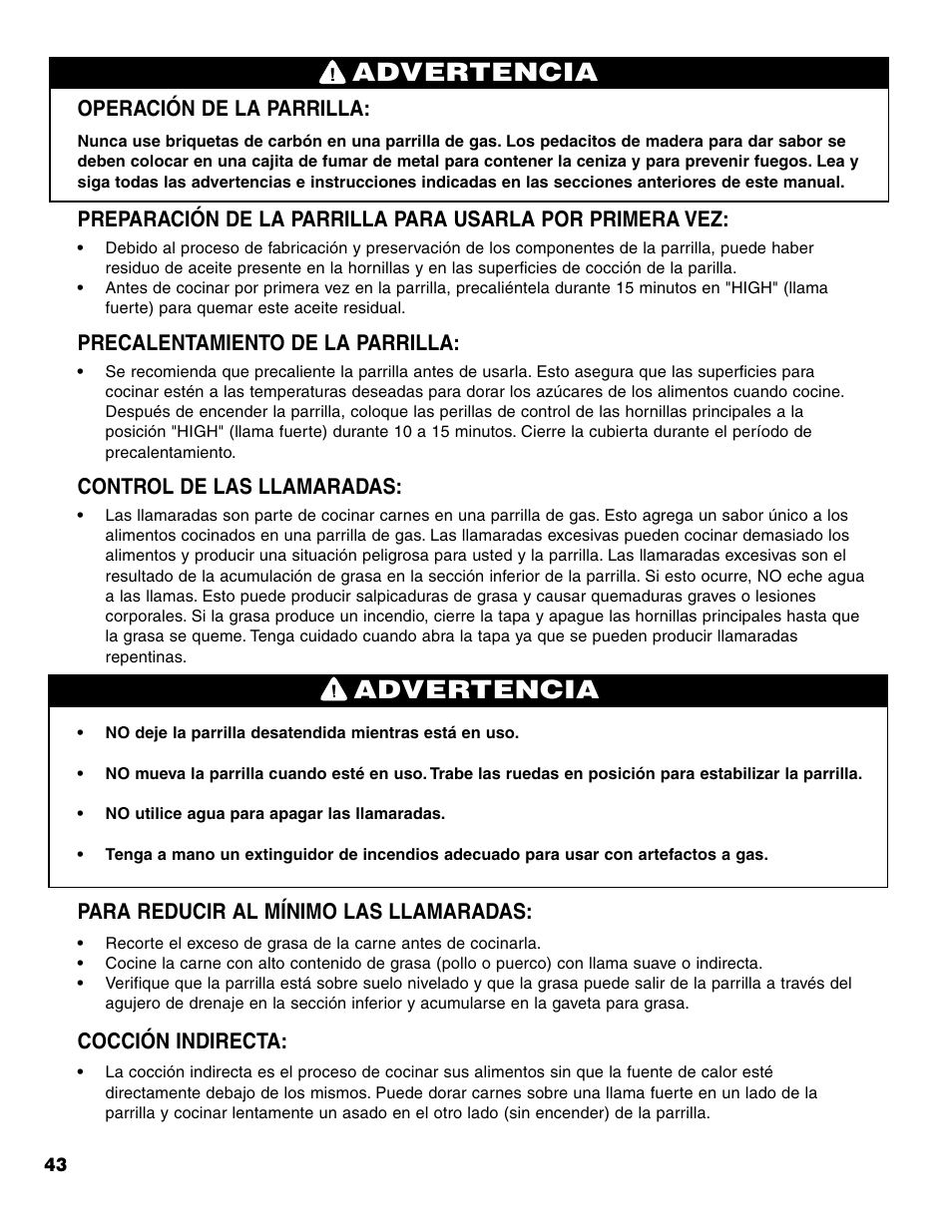 Advertencia, Operación de la parrilla, Precalentamiento de la parrilla | Control de las llamaradas, Para reducir al mínimo las llamaradas, Cocción indirecta | Brinkmann 7231 Series User Manual | Page 44 / 64