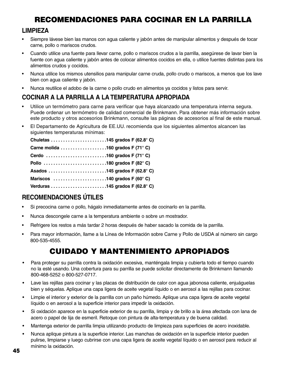 Recomendaciones para cocinar en la parrilla, Cuidado y mantenimiento apropiados, Limpieza | Cocinar a la parrilla a la temperatura apropiada, Recomendaciones útiles | Brinkmann 7231 Series User Manual | Page 46 / 64