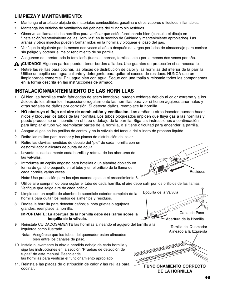Instalación/mantenimiento de las hornillas, Limpieza y mantenimiento | Brinkmann 7231 Series User Manual | Page 47 / 64