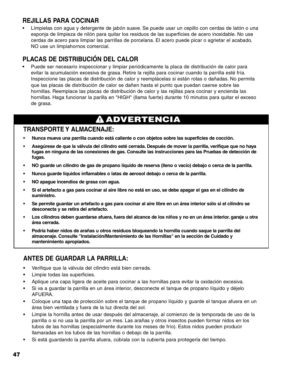 Advertencia, Transporte y almacenaje, Antes de guardar la parrilla | Rejillas para cocinar, Placas de distribución del calor | Brinkmann 7231 Series User Manual | Page 48 / 64