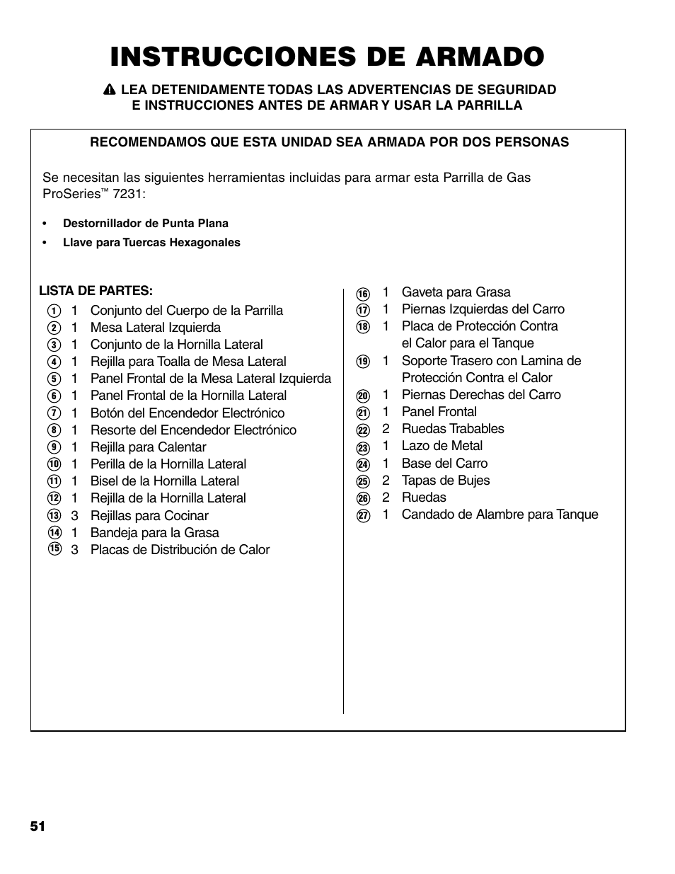 Instrucciones de armado | Brinkmann 7231 Series User Manual | Page 53 / 64
