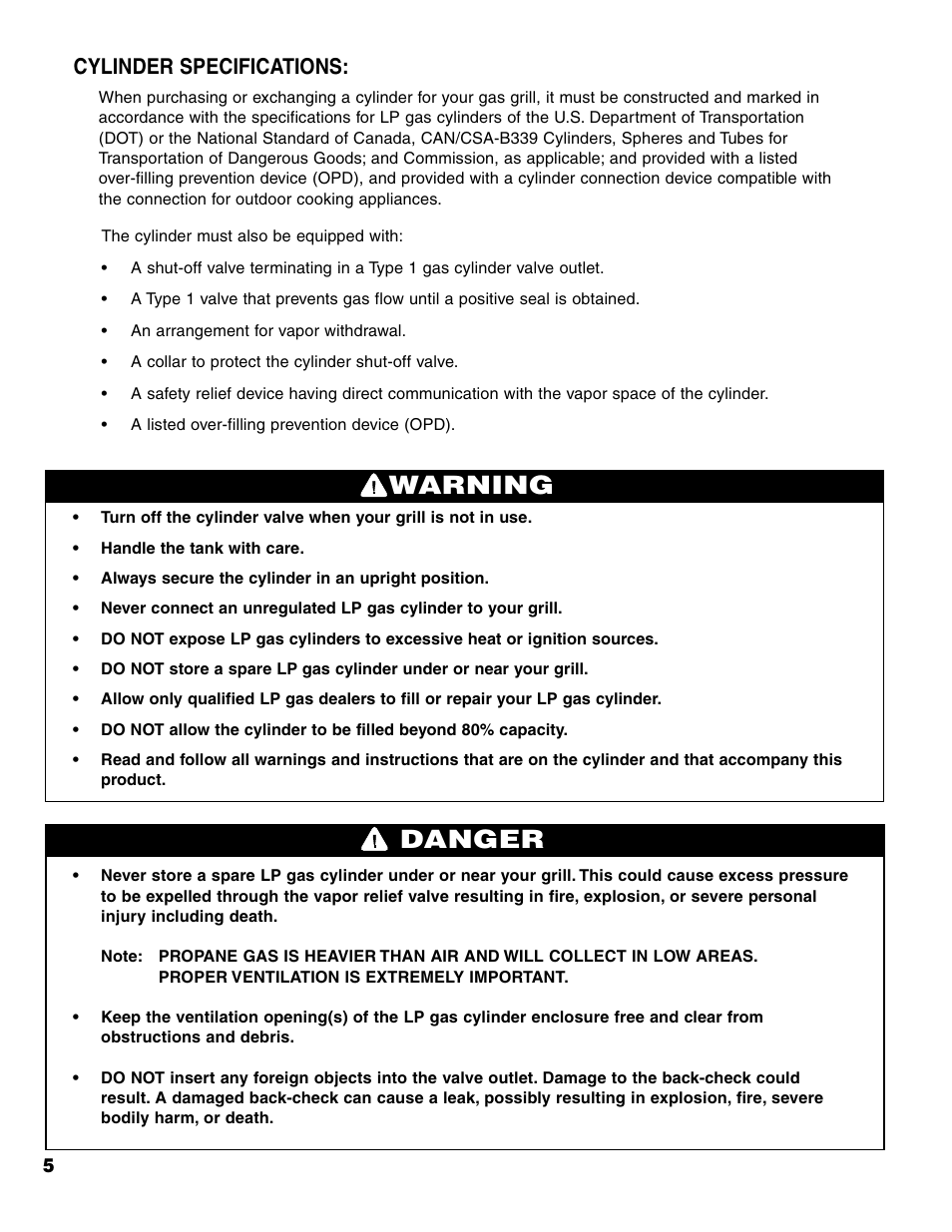 Warning danger, Cylinder specifications | Brinkmann 7231 Series User Manual | Page 6 / 64