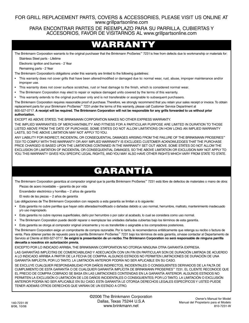 Warranty garantía | Brinkmann 7231 Series User Manual | Page 64 / 64