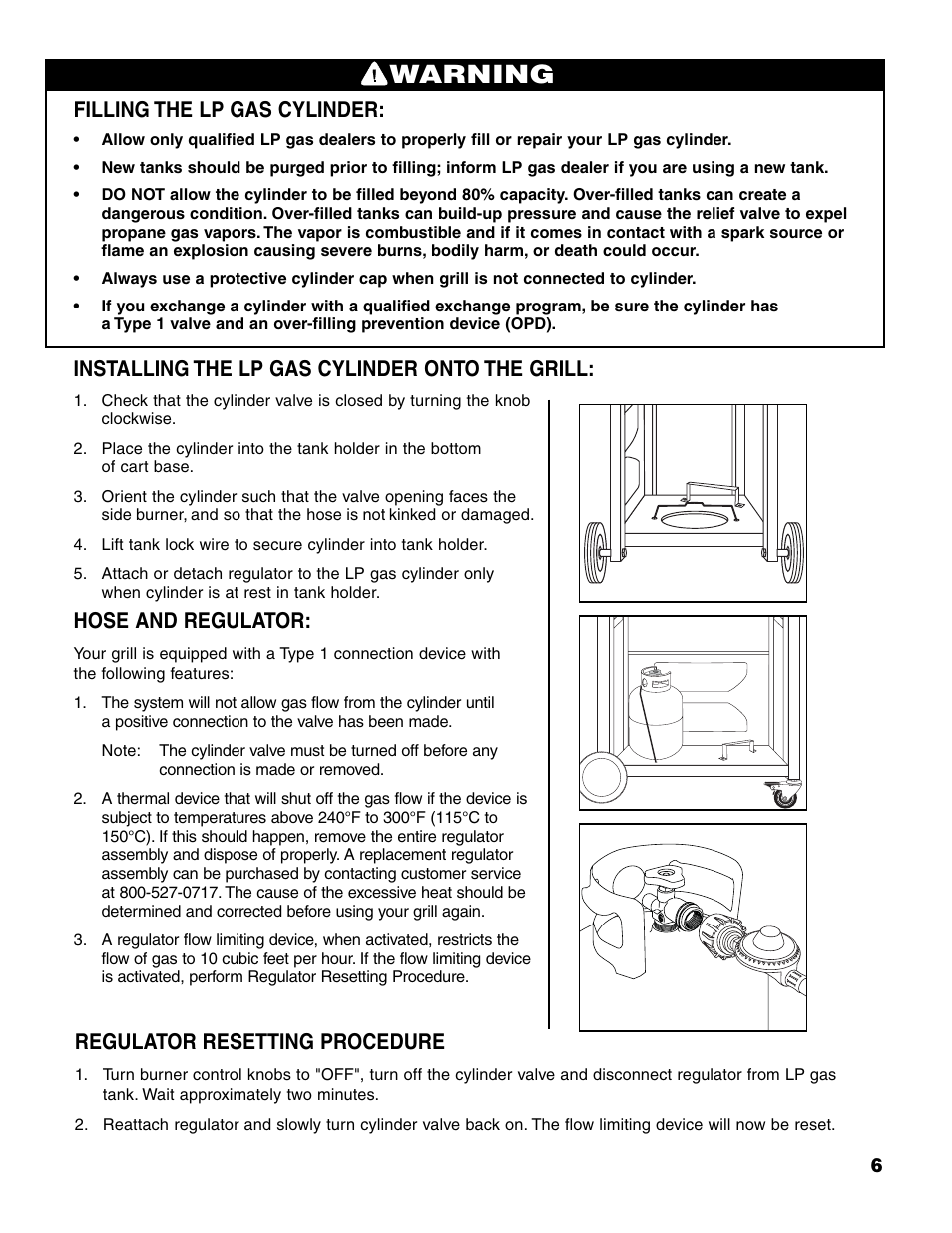 Warning, Filling the lp gas cylinder, Installing the lp gas cylinder onto the grill | Hose and regulator, Regulator resetting procedure | Brinkmann 7231 Series User Manual | Page 7 / 64