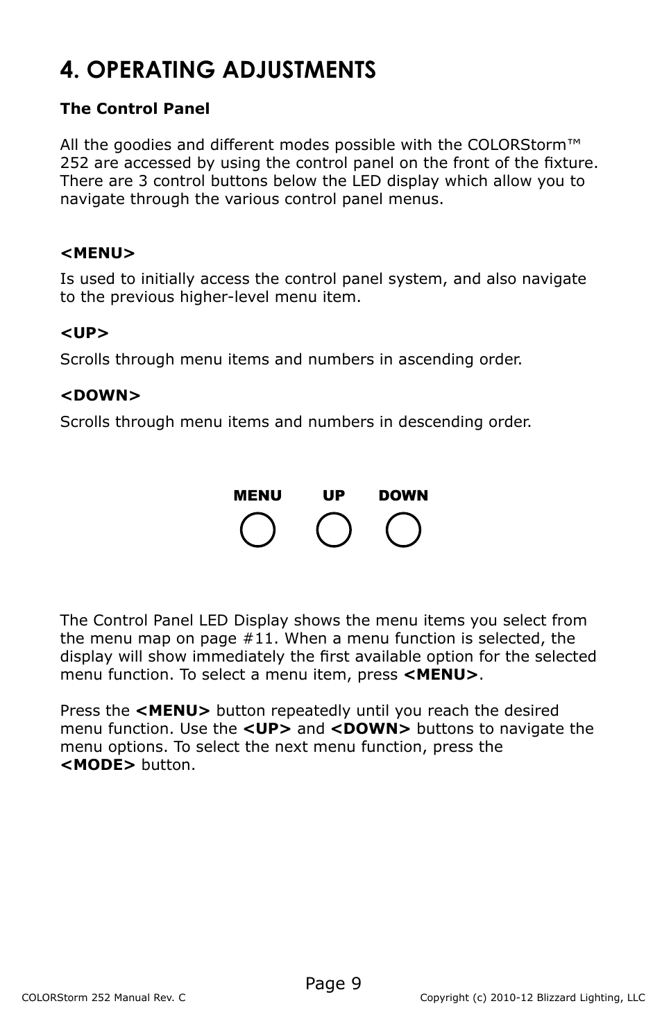 Operating adjustments | Blizzard Lighting 252 COLORStorm User Manual | Page 9 / 16