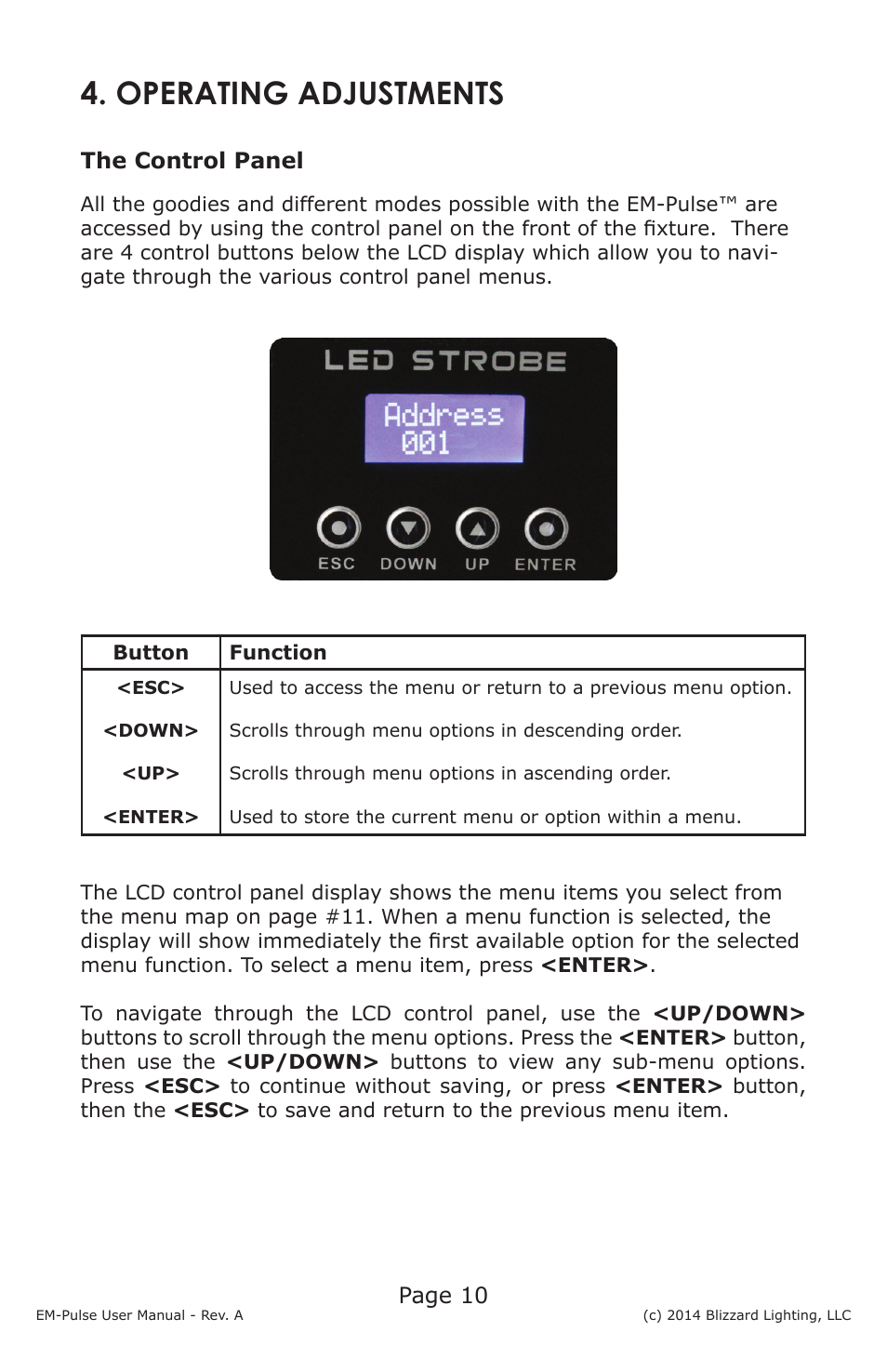 Operating adjustments, Page 10, The control panel | Blizzard Lighting EM-Pulse LED Strobe Fixture User Manual | Page 10 / 20