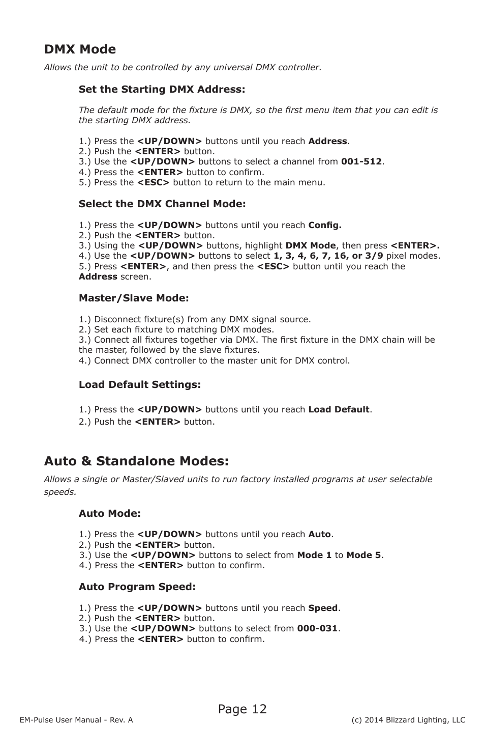 Page 12, Dmx mode, Auto & standalone modes | Blizzard Lighting EM-Pulse LED Strobe Fixture User Manual | Page 12 / 20