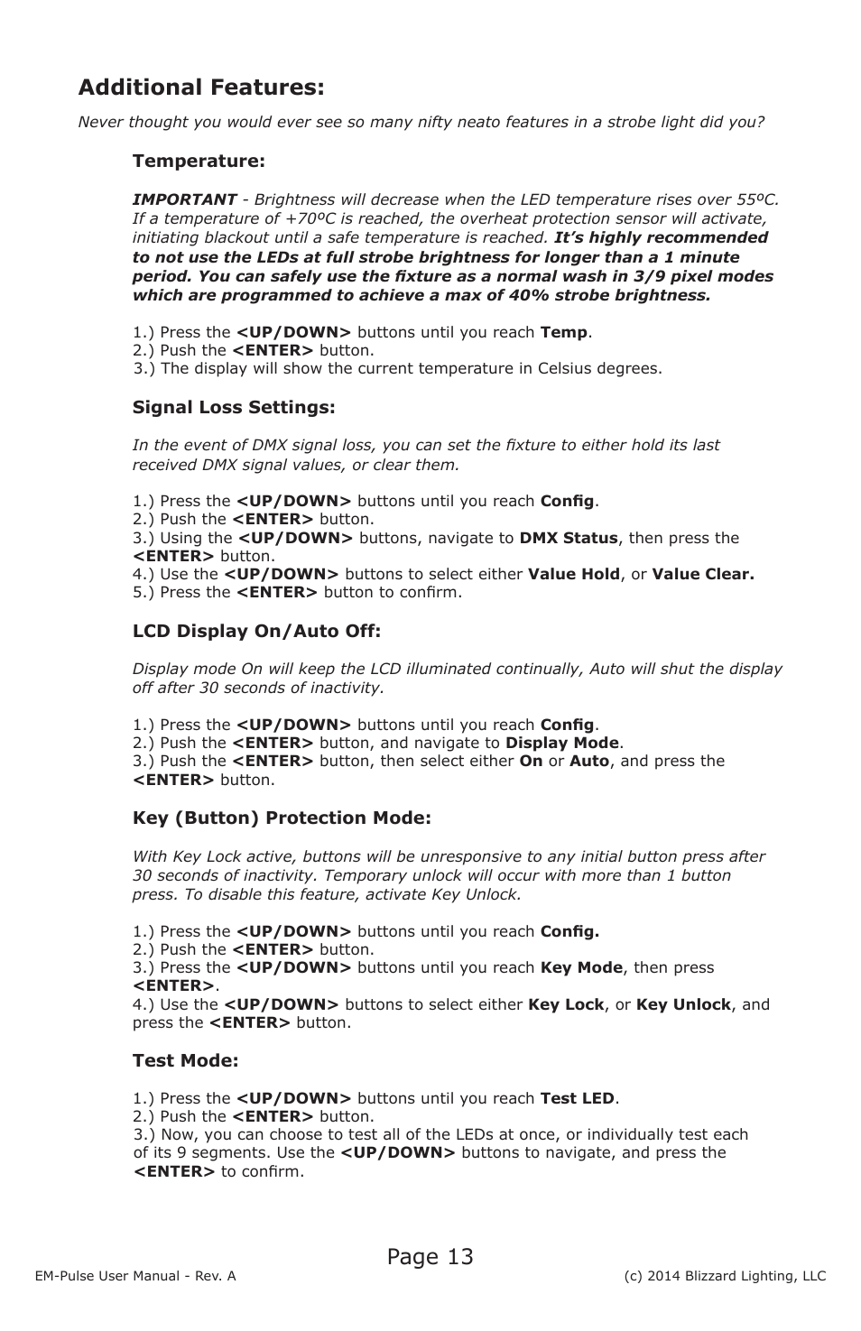 Page 13, Additional features | Blizzard Lighting EM-Pulse LED Strobe Fixture User Manual | Page 13 / 20