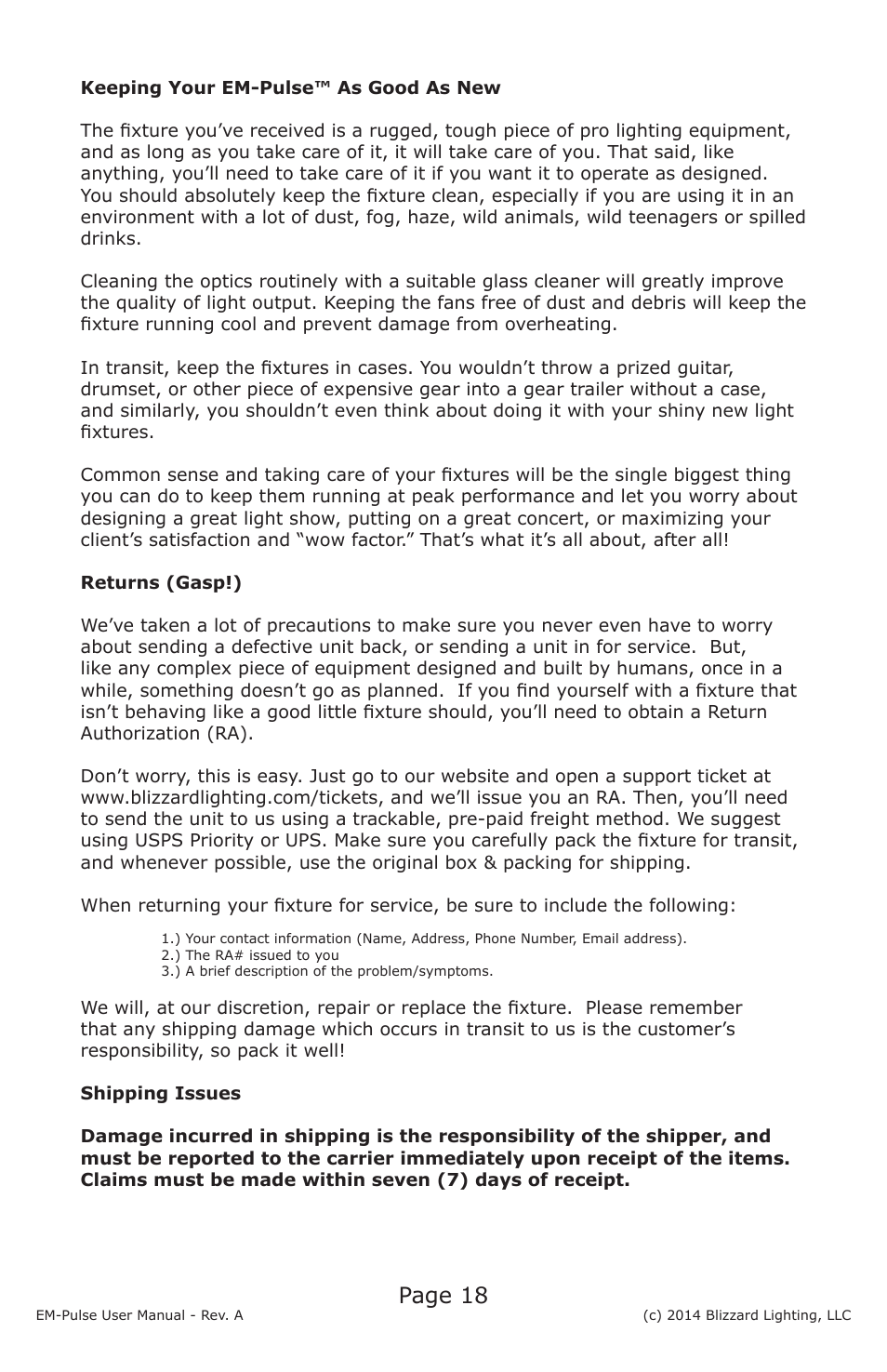 Page 18 | Blizzard Lighting EM-Pulse LED Strobe Fixture User Manual | Page 18 / 20
