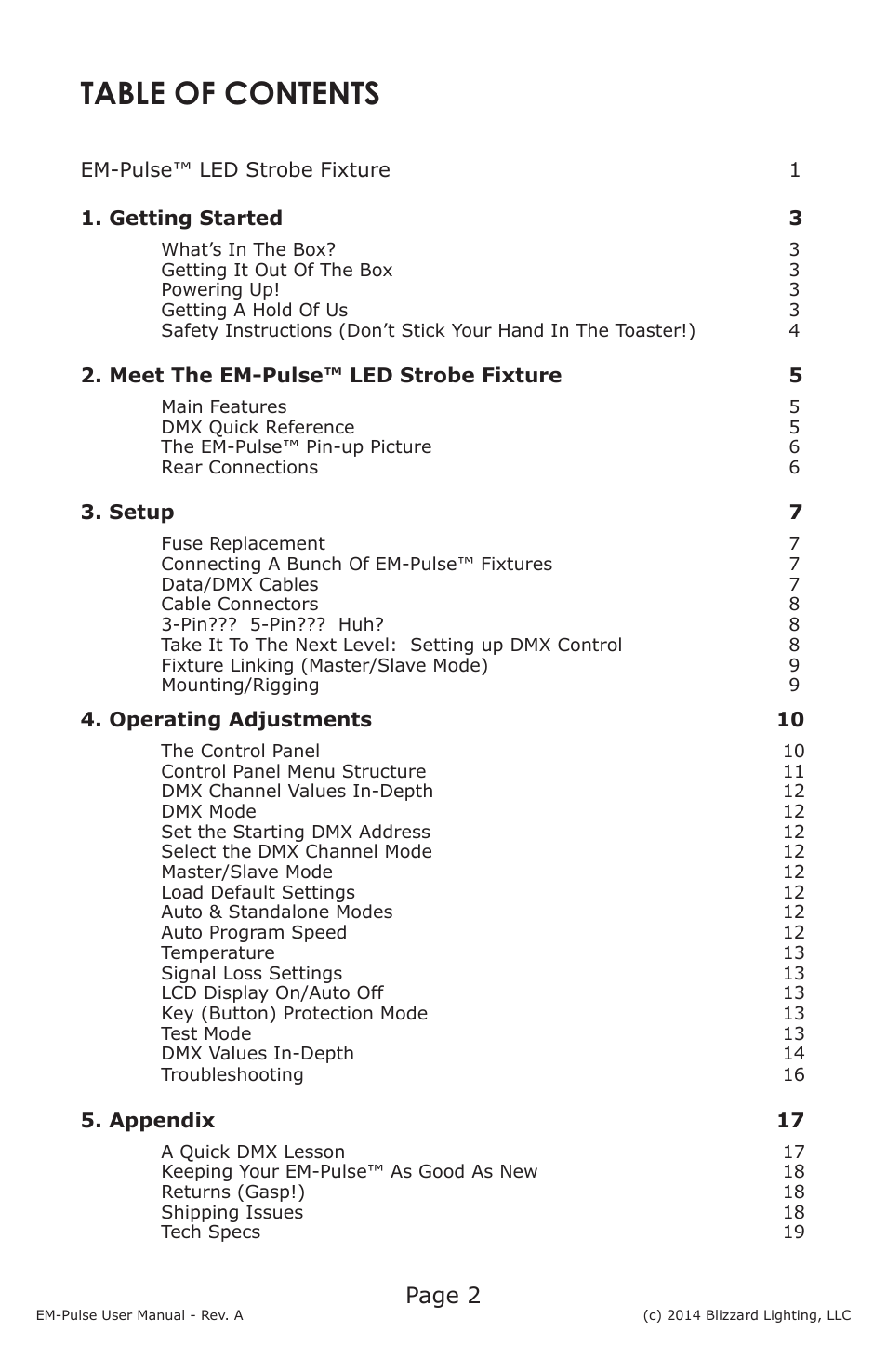 Blizzard Lighting EM-Pulse LED Strobe Fixture User Manual | Page 2 / 20