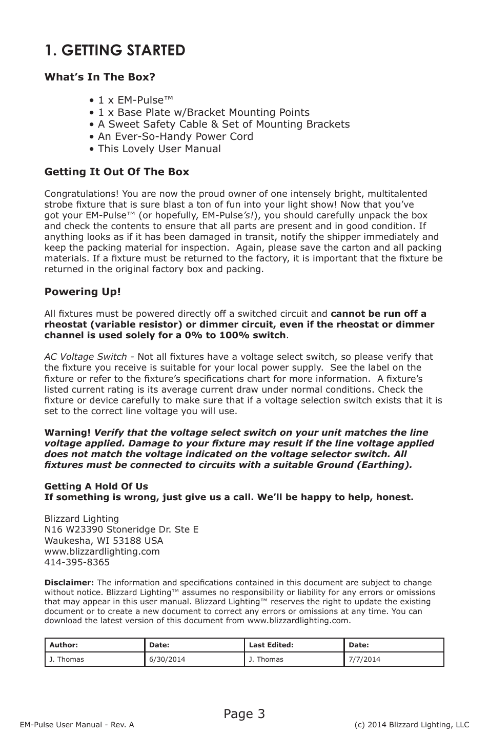 Getting started, Page 3 | Blizzard Lighting EM-Pulse LED Strobe Fixture User Manual | Page 3 / 20