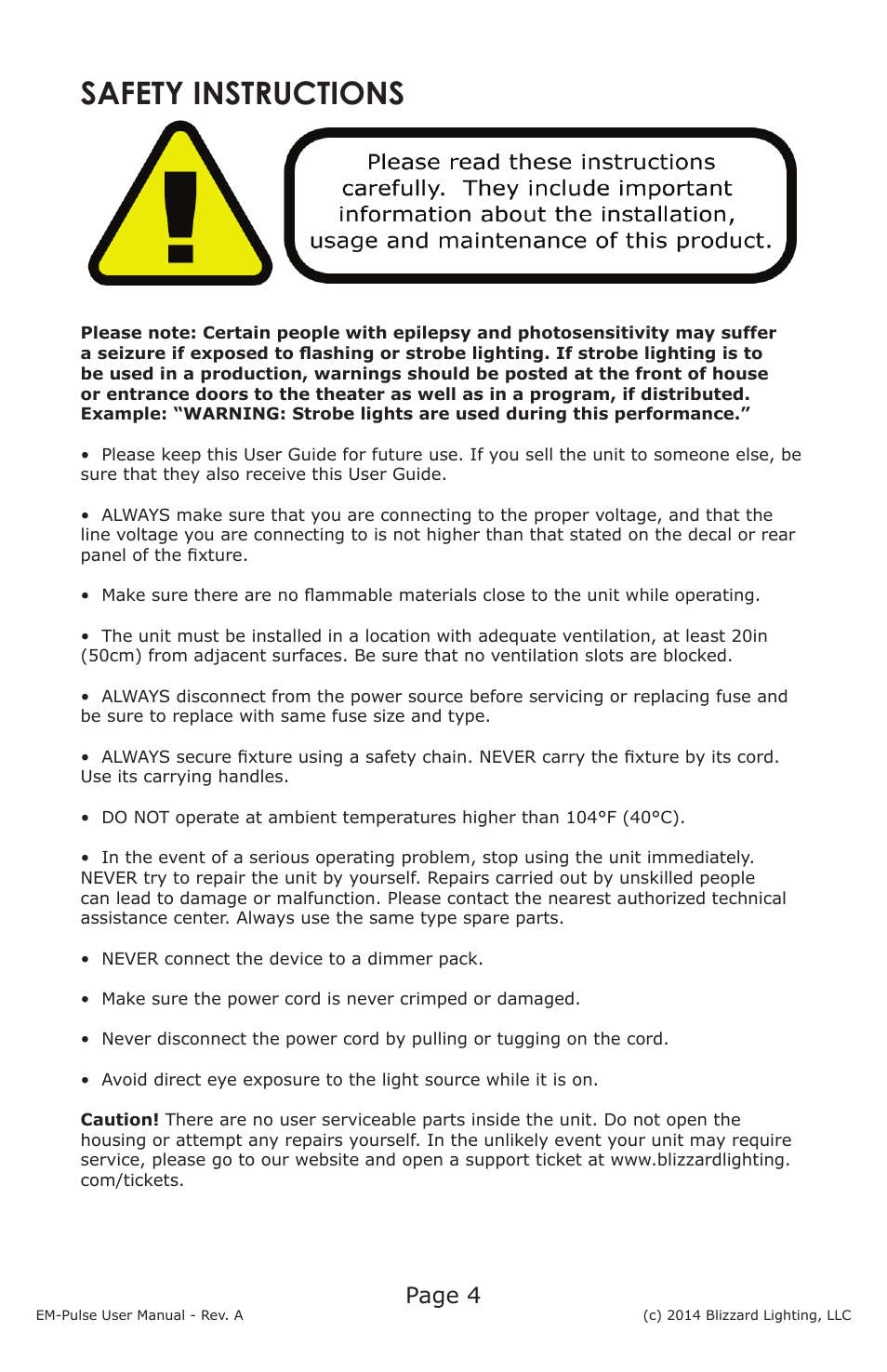 Safety instructions, Page 4 | Blizzard Lighting EM-Pulse LED Strobe Fixture User Manual | Page 4 / 20