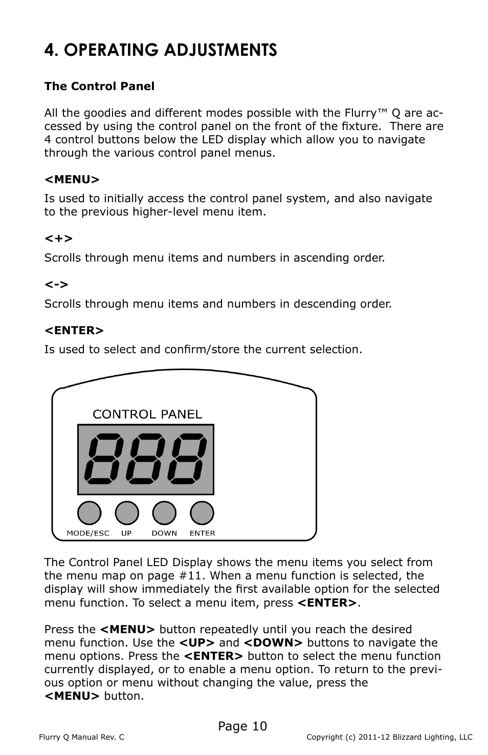 Operating adjustments, Page 10 | Blizzard Lighting Q Flurry(Rev C) User Manual | Page 10 / 20