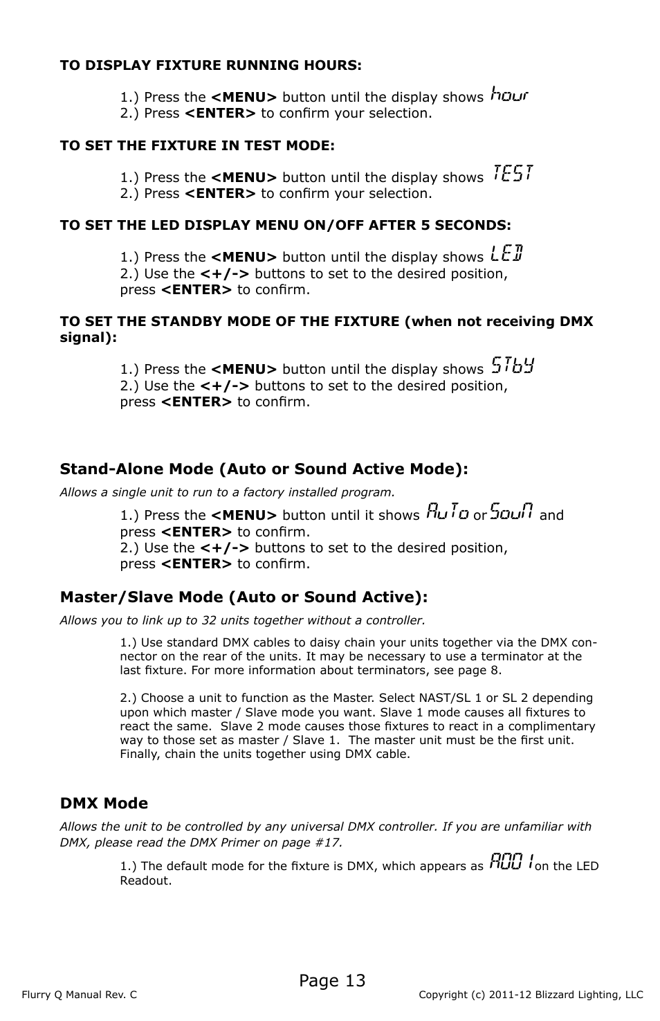 Hour, Test, Stby | Auto, Soun, A001, Page 13 | Blizzard Lighting Q Flurry(Rev C) User Manual | Page 13 / 20